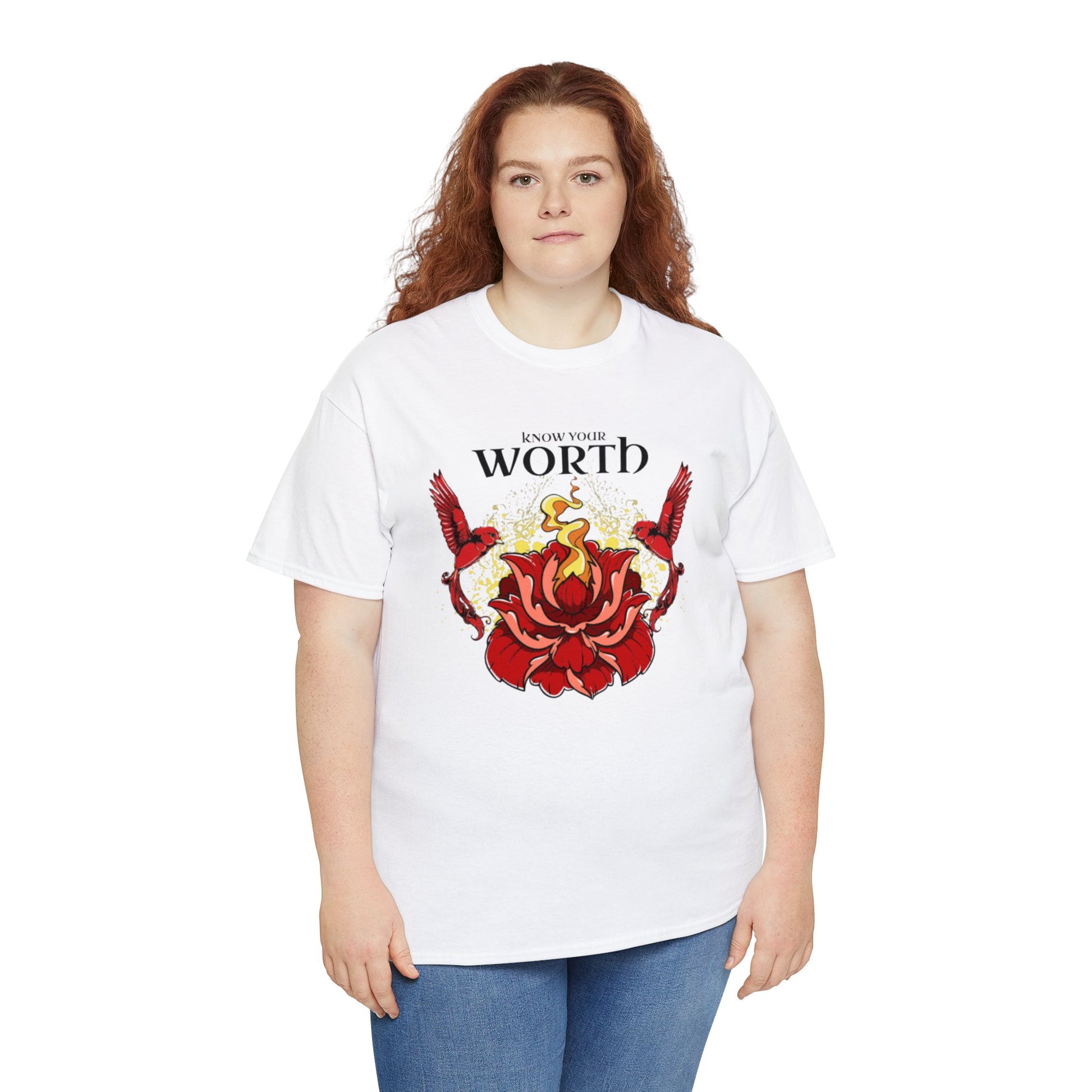 Know Your Worth Lotus Flower Birds Graphic T-shirt in White from Topaz Peaks