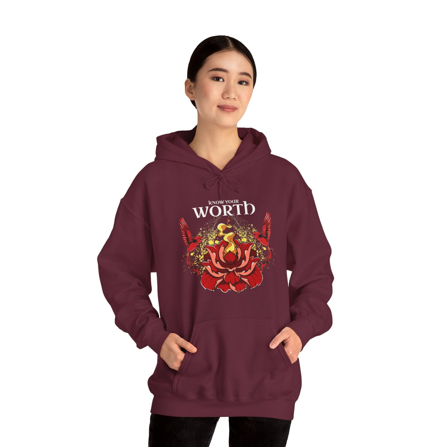 Know Your Worth Lotus Flower Birds Graphic Hoodie Sweatshirt in Maroon from Topaz Peaks