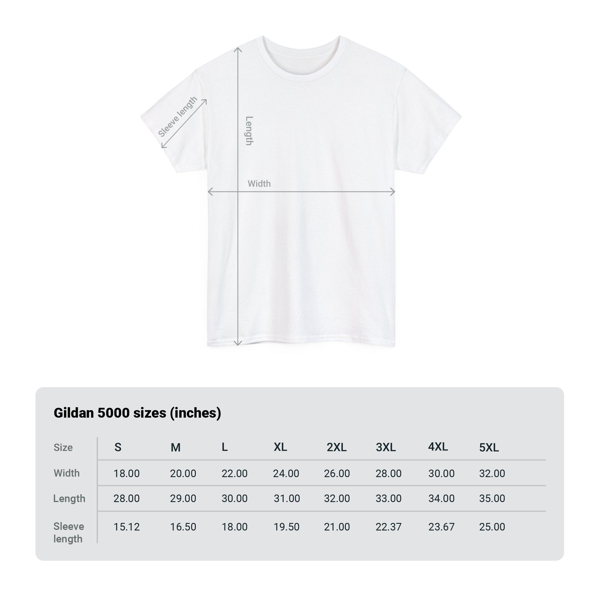 Sizing chart for Gildan 5000 T-shirt