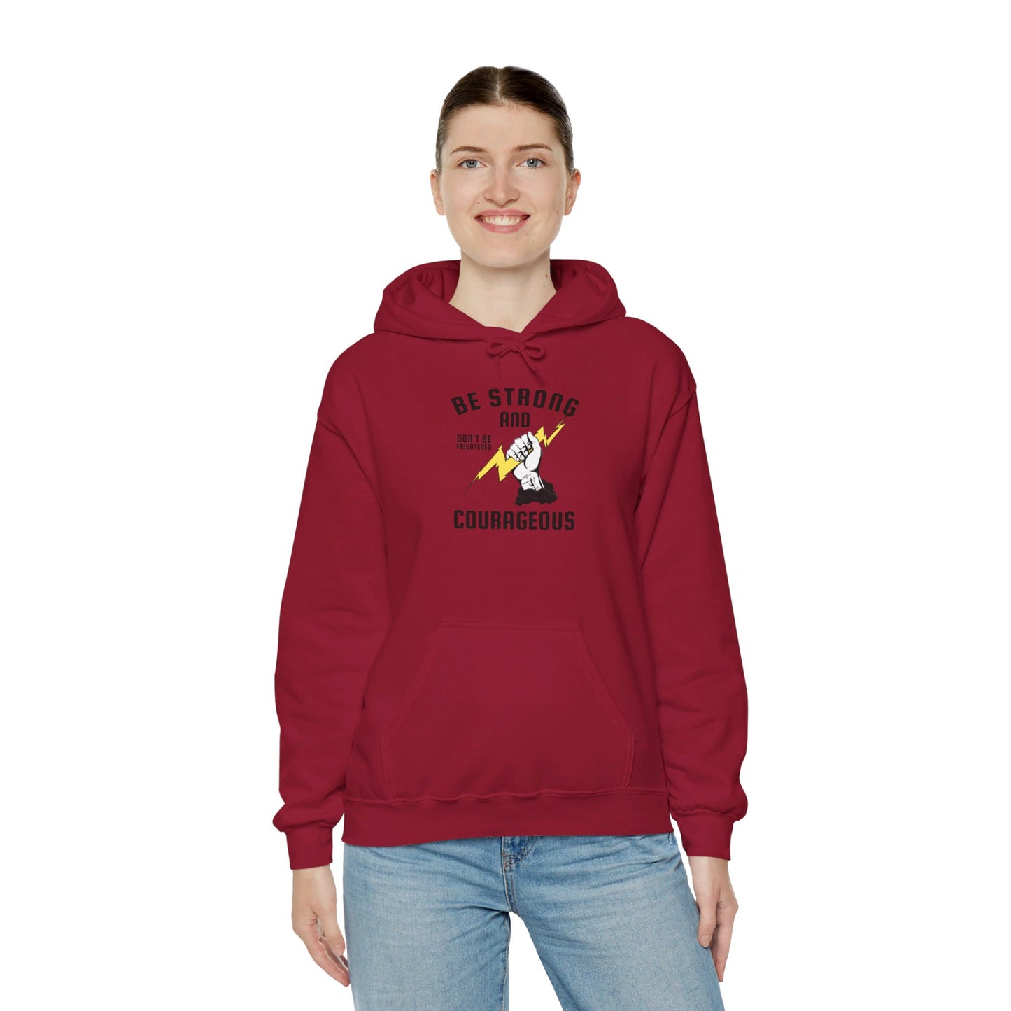 Be Strong and Courageous Unisex Graphic Hoodie Sweatshirt with Fist holding Thunderbolt in Red from Topaz Peaks.