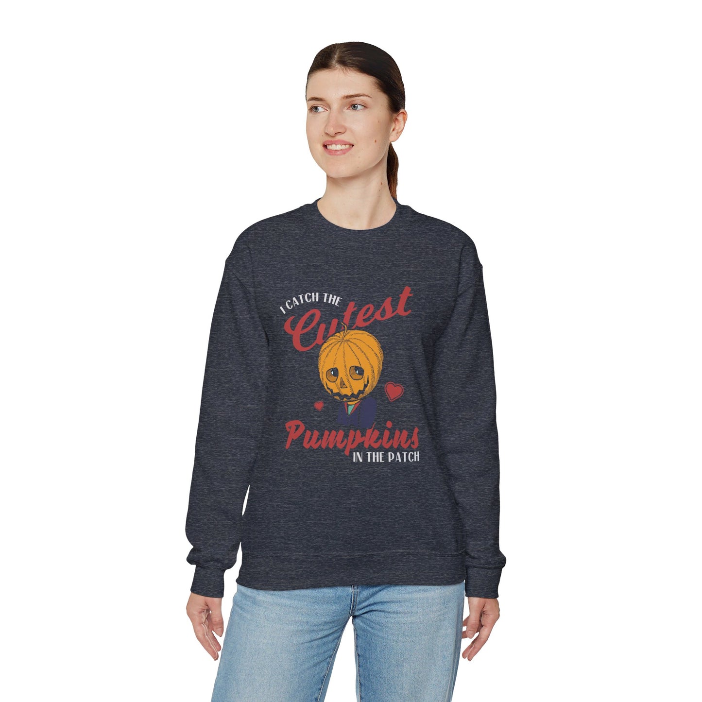 I Catch the Cutest Pumpkins in the Patch Halloween Vibes Crewneck Graphic Sweatshirt in Navy Blue from Topaz Peaks.