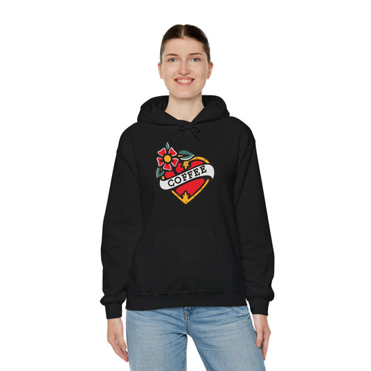 Coffee Tattoo Heart Vintage Graphic Hoodie Sweatshirt in Black from Topaz Peaks