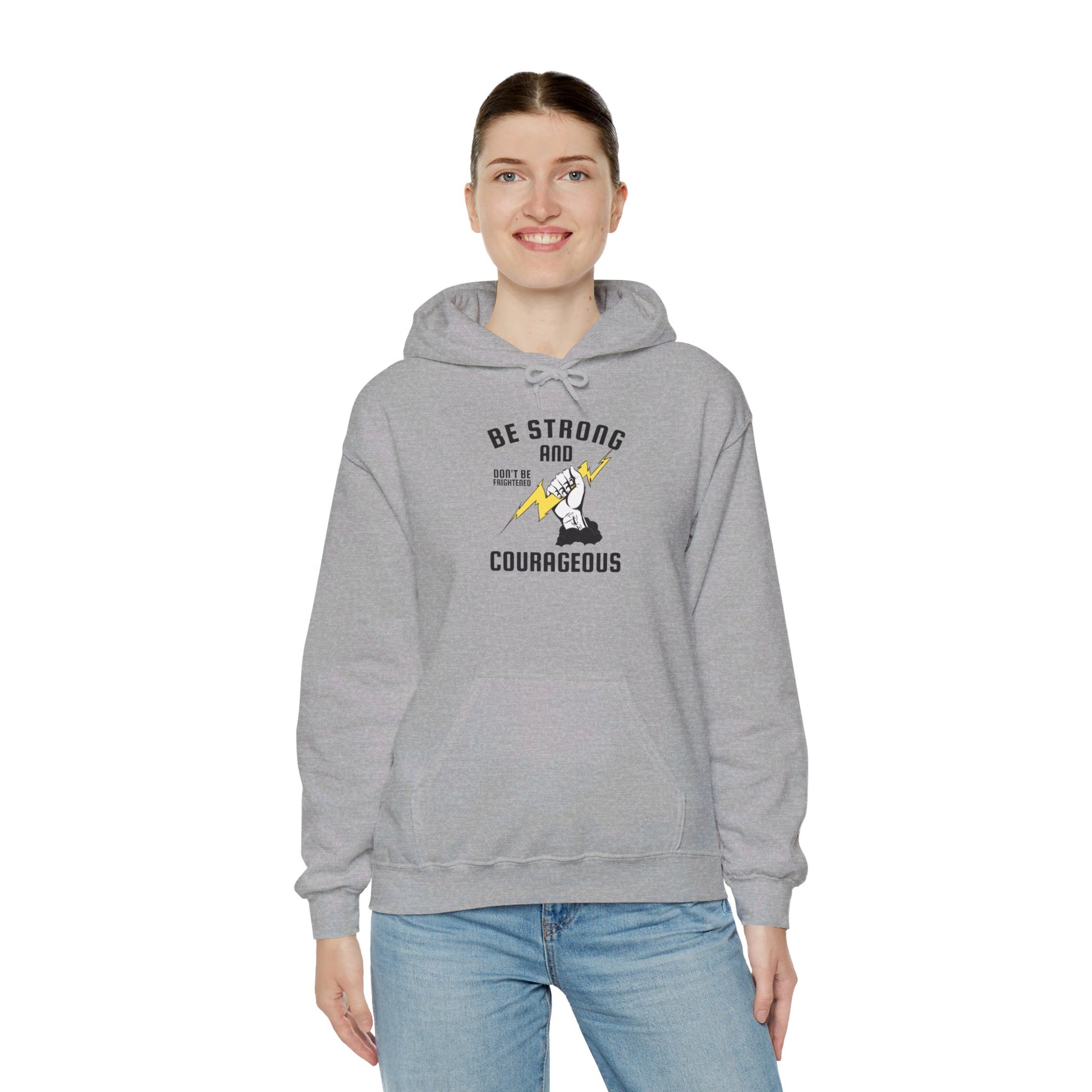 Be Strong and Courageous Unisex Graphic Hoodie Sweatshirt with Fist holding Thunderbolt in Gray from Topaz Peaks.