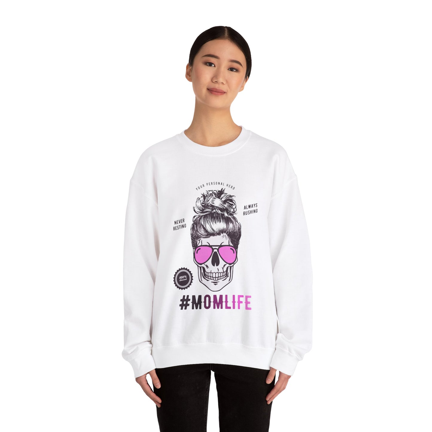 #MomLife Skull and Sunglasses Graphic Sweatshirt in White from Topaz Peaks