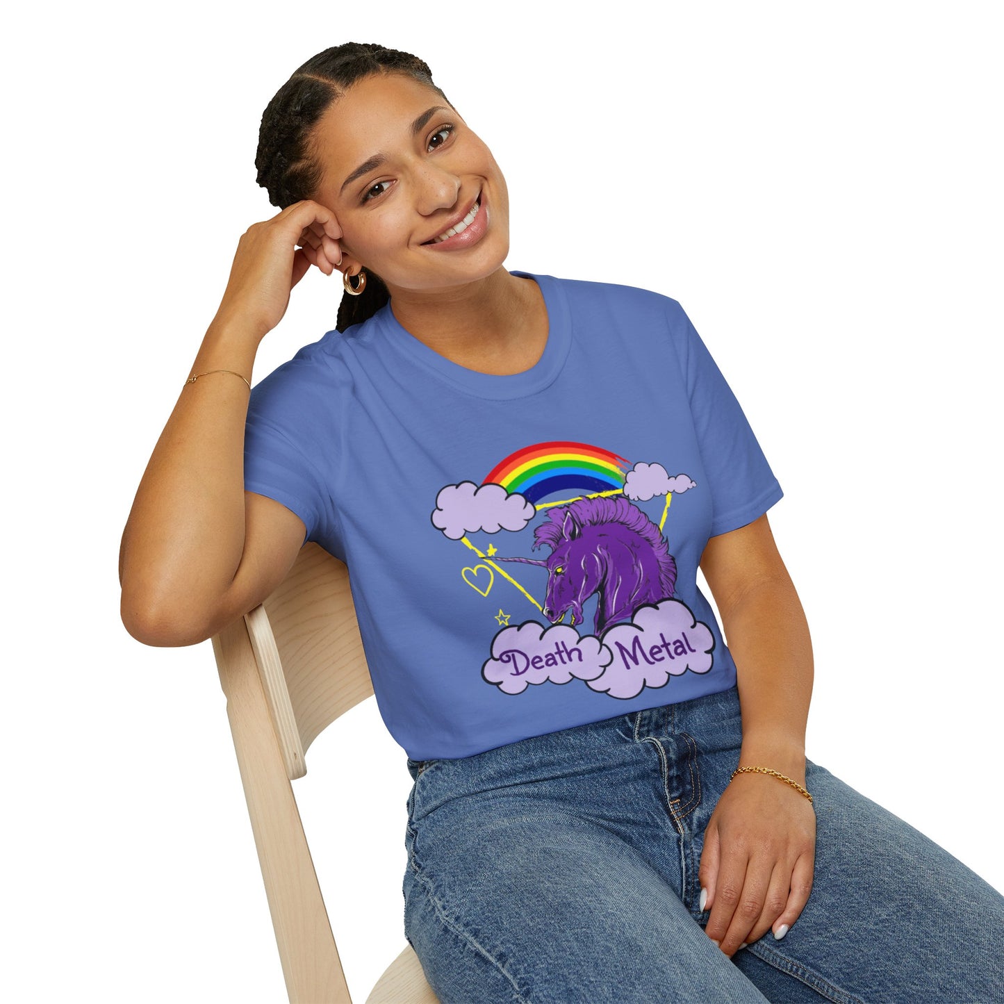 Death Metal Unicorn and Rainbow Graphic T-shirt in Blue from Topaz Peaks