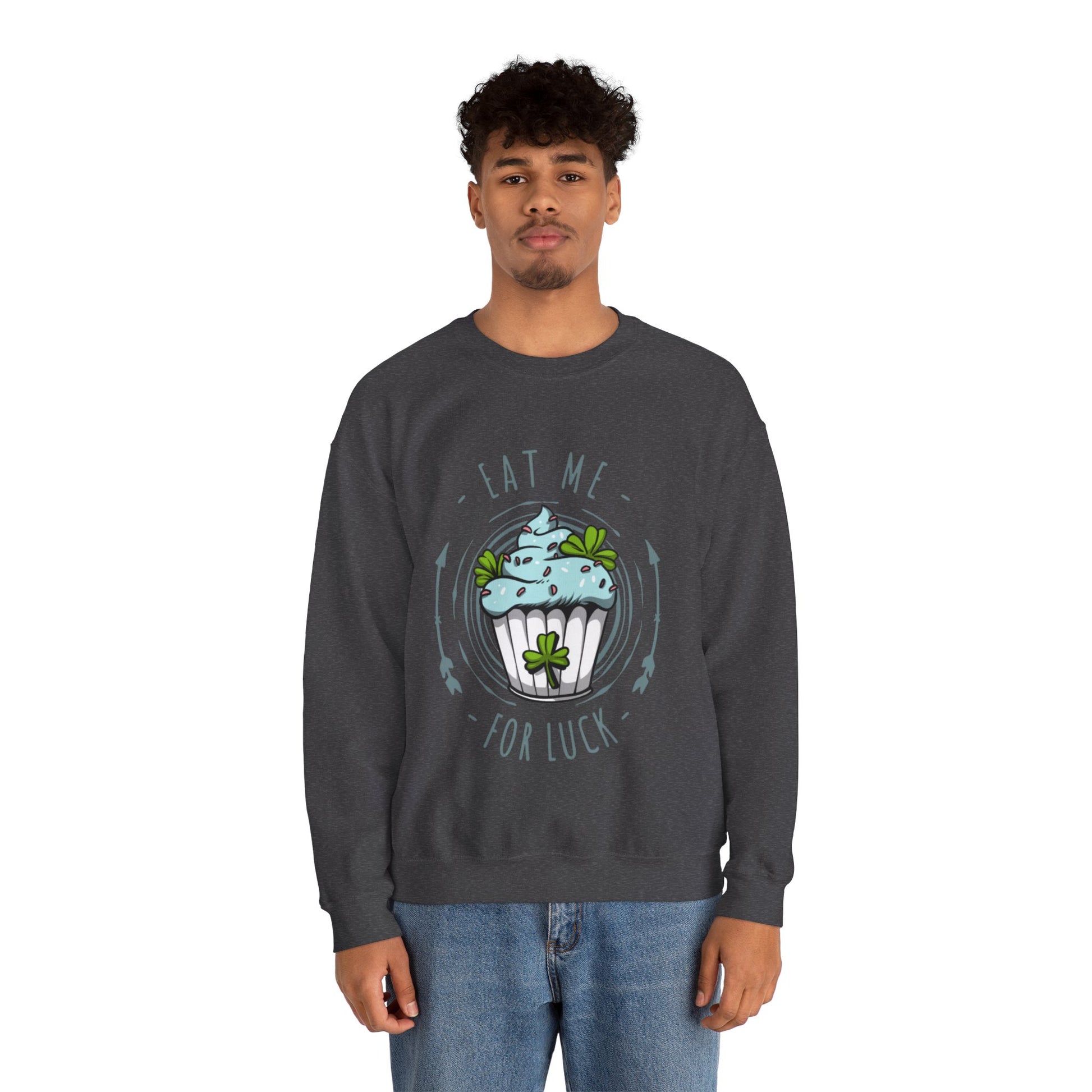 Eat Me For Luck Cupcake Graphic Crewneck Sweatshirt in Gray from Topaz Peaks