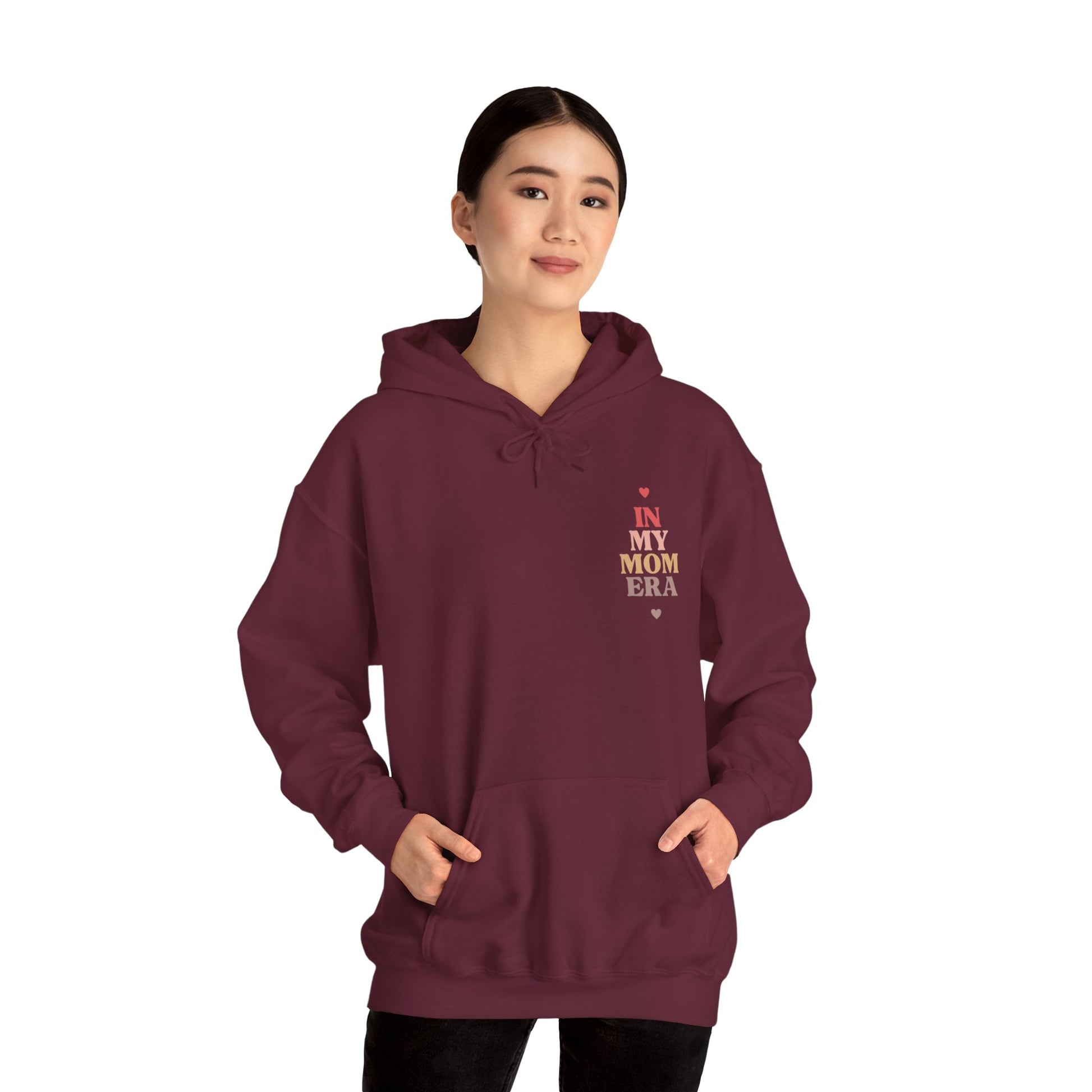 In My Mom Era Mama Heart Graphic Hoodie Sweatshirt in Maroon from Topaz Peaks