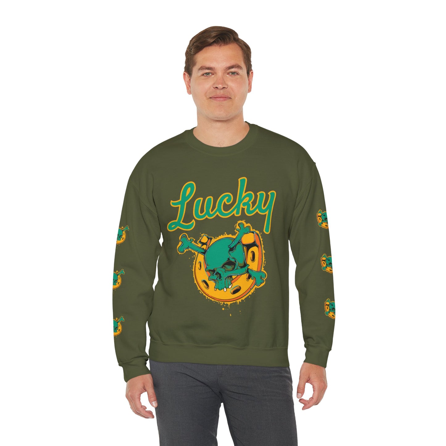 Lucky Horseshoe Skull and Crossbones Crewneck Sweatshirt with print on both sleeves in Green from Topaz Peaks