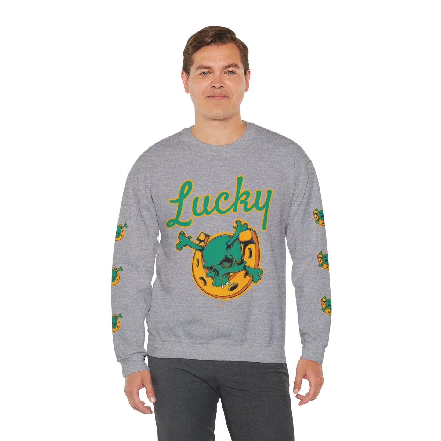 Lucky Horseshoe Skull and Crossbones Crewneck Sweatshirt with print on both sleeves in Gray from Topaz Peaks