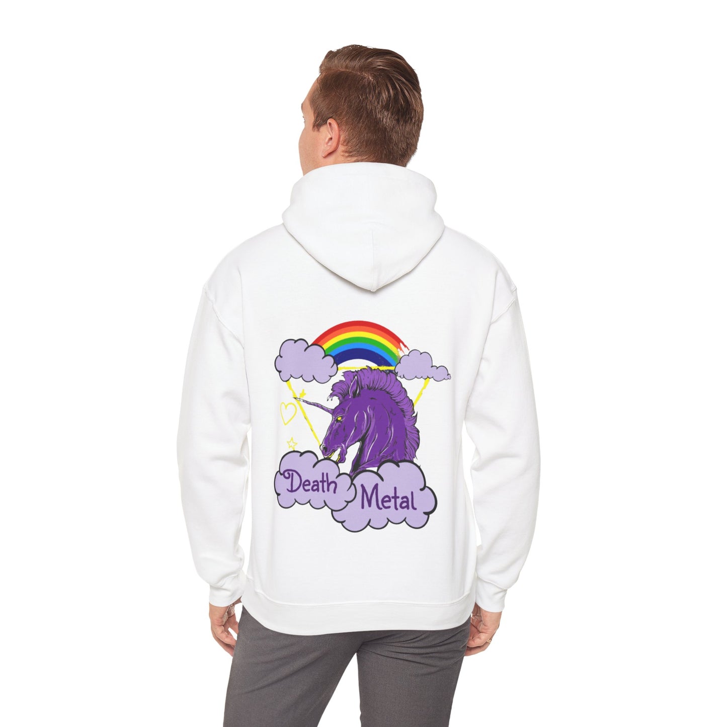 Death Metal Unicorn and Rainbow Graphic Hoodie Sweatshirt in White from Topaz Peaks