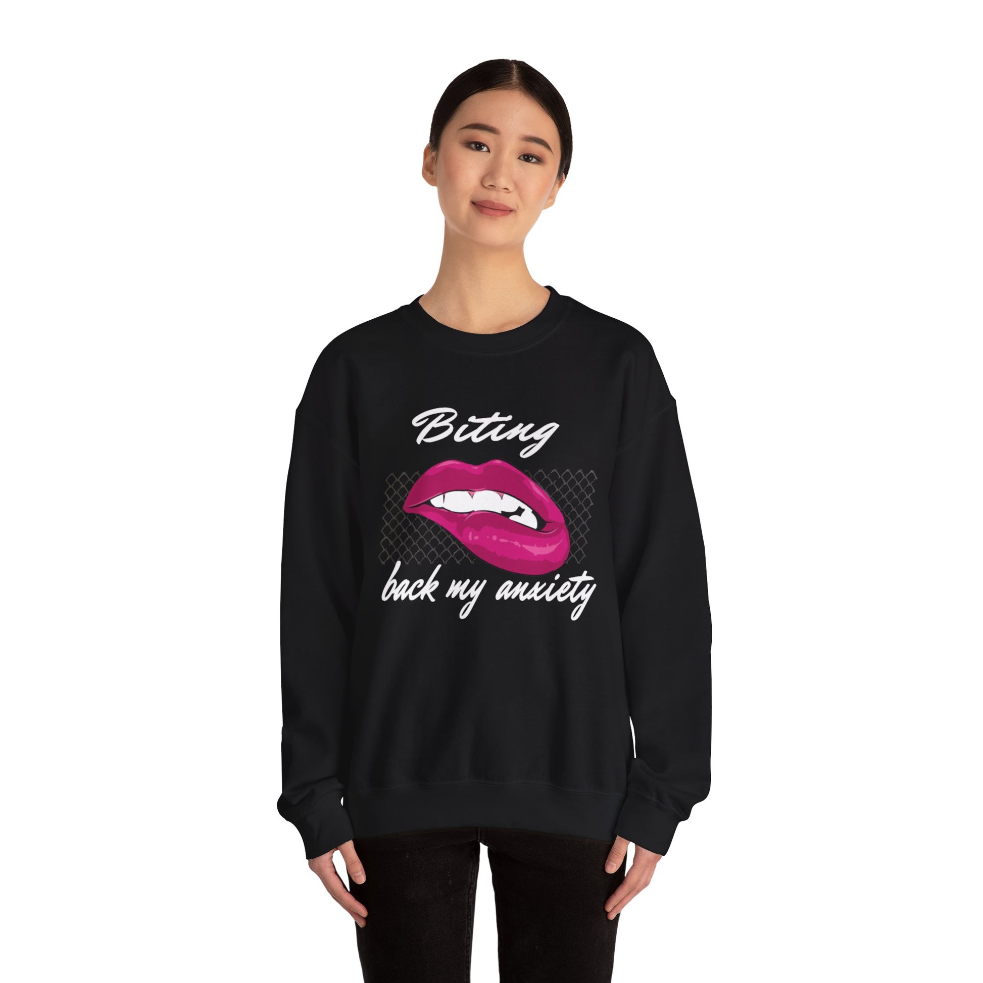 Biting Lips Graphic Crewneck Sweatshirt in Black from Topaz Peaks