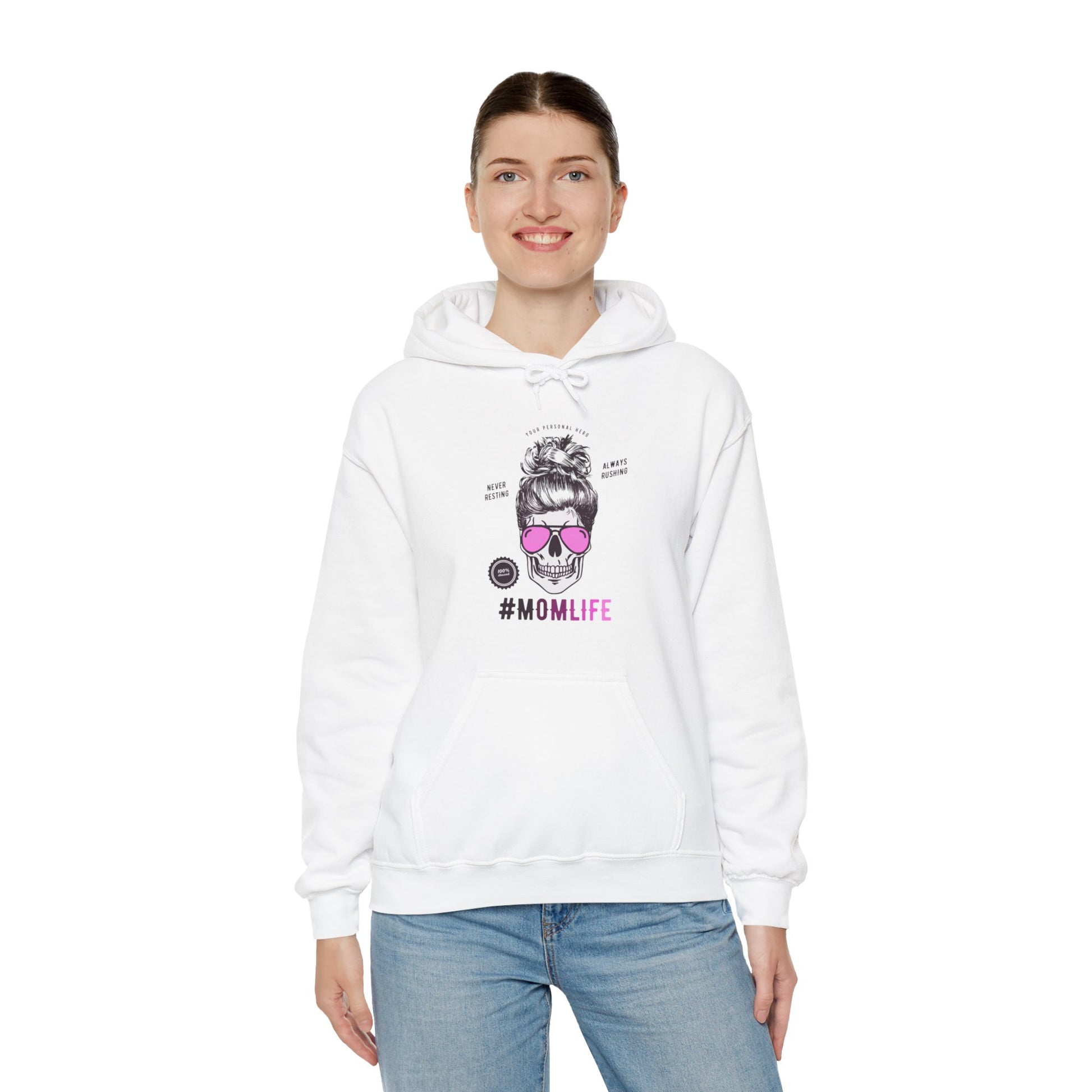 #MomLife Skull and Sunglasses Graphic Hoodie Sweatshirt in White from Topaz Peaks