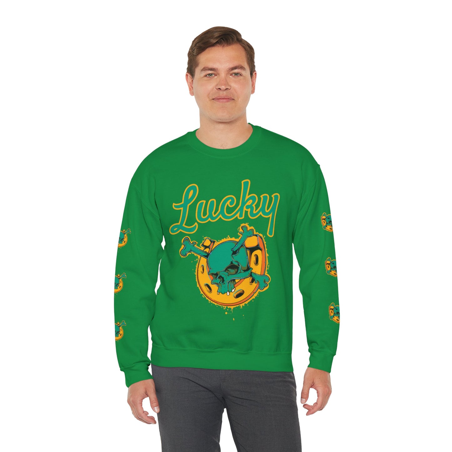 Lucky Horseshoe Skull and Crossbones Crewneck Sweatshirt with print on both sleeves in Green from Topaz Peaks