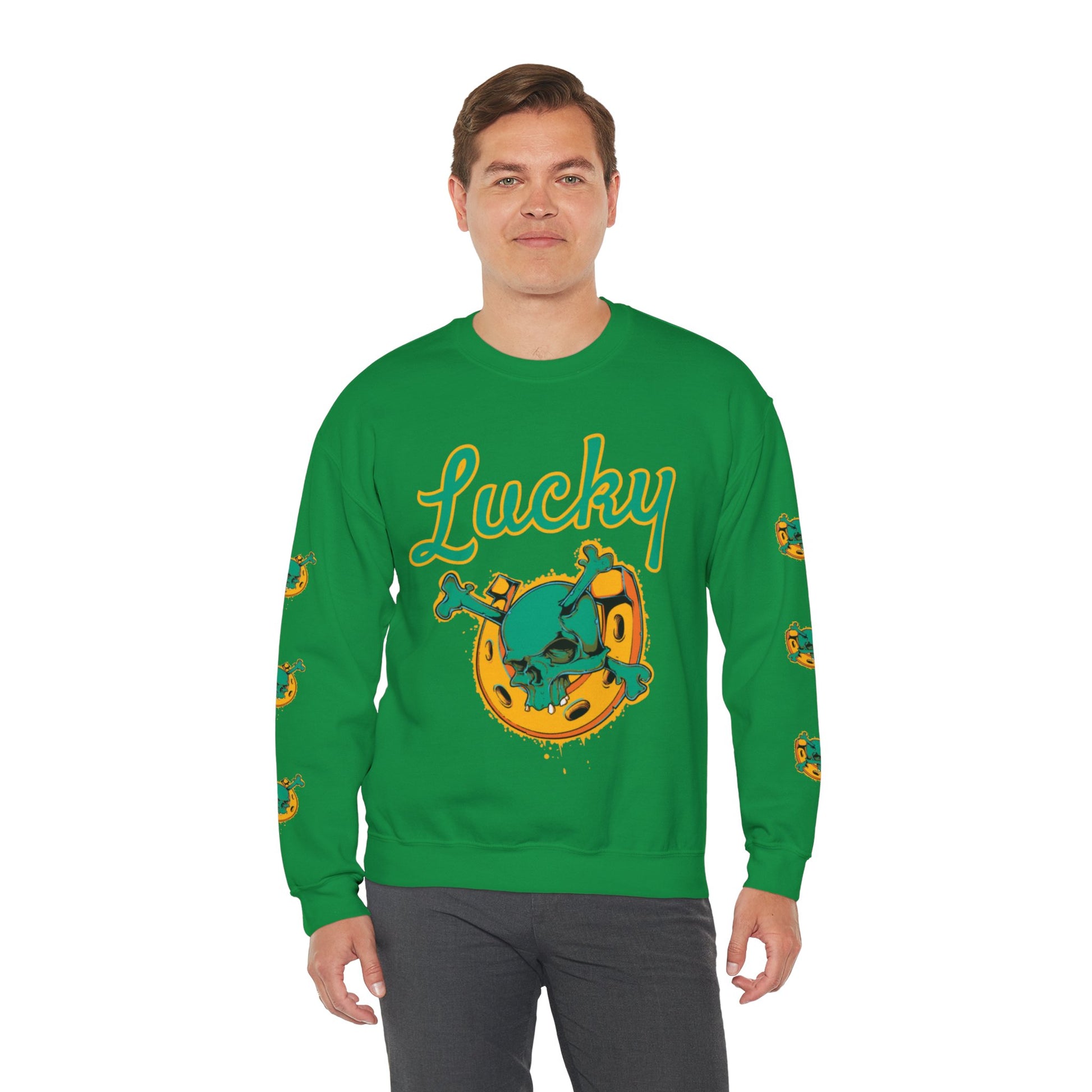 Lucky Horseshoe Skull and Crossbones Crewneck Sweatshirt with print on both sleeves in Green from Topaz Peaks