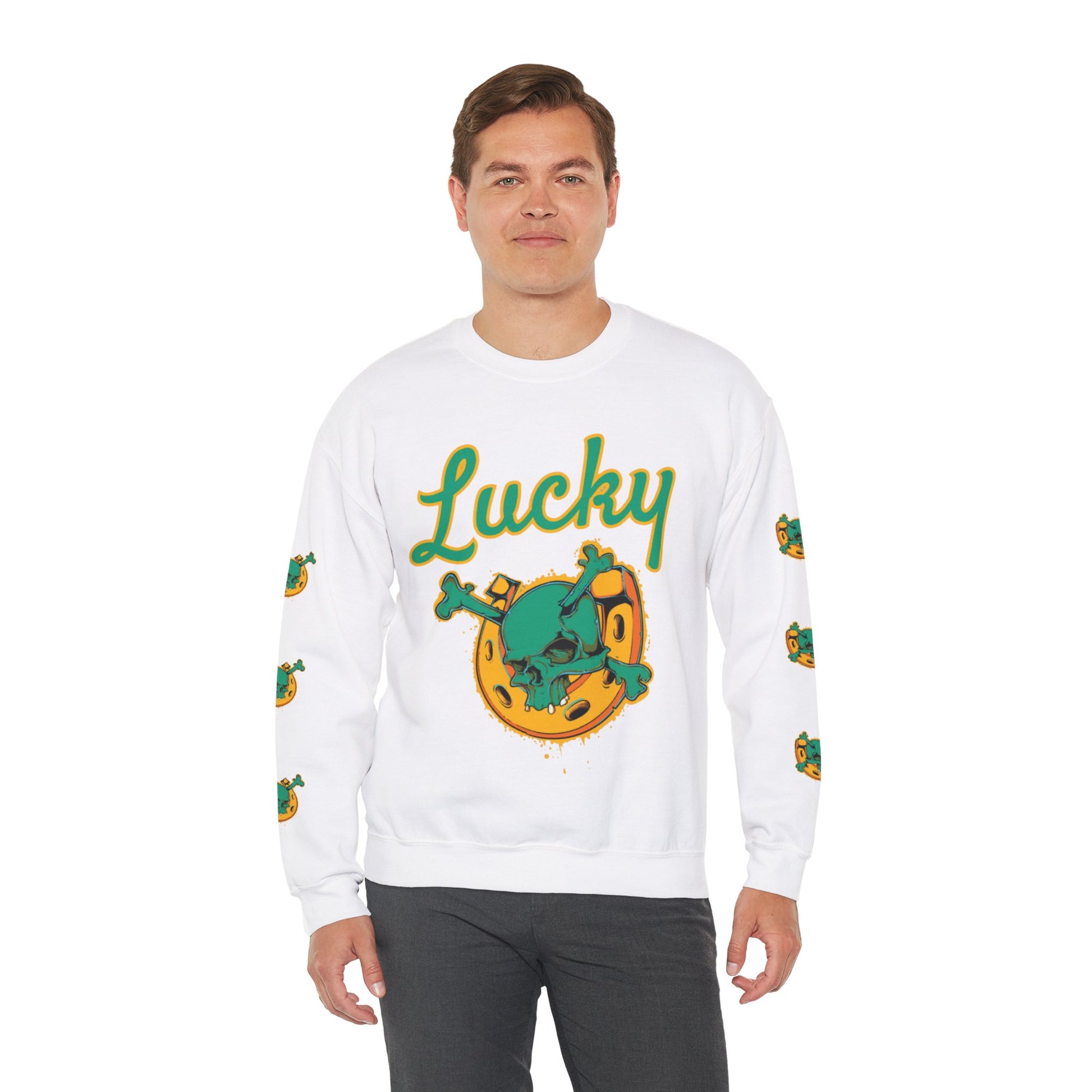 Lucky Horseshoe Skull and Crossbones Crewneck Sweatshirt with print on both sleeves in White from Topaz Peaks