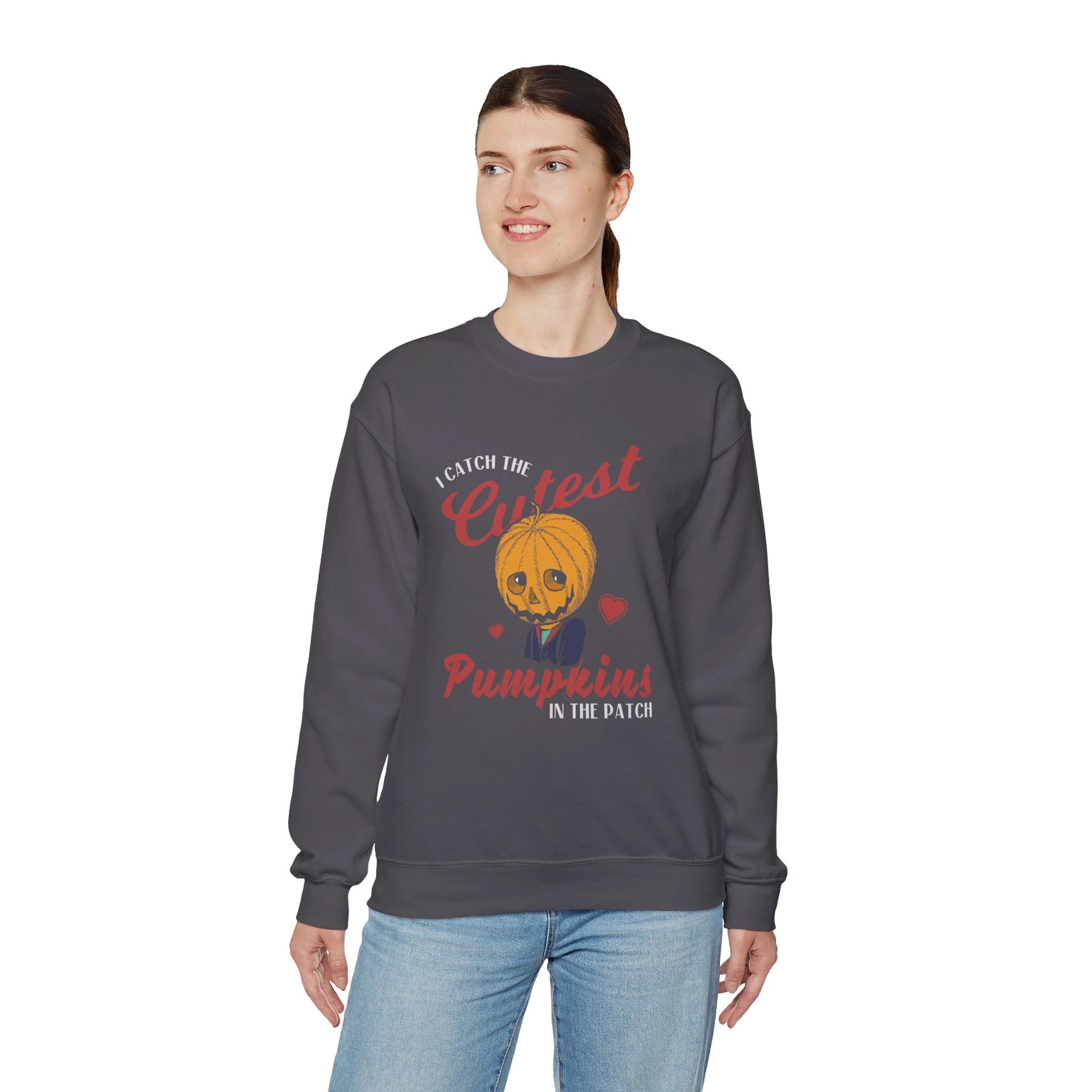 I Catch the Cutest Pumpkins in the Patch Halloween Vibes Crewneck Graphic Sweatshirt in Gray from Topaz Peaks.