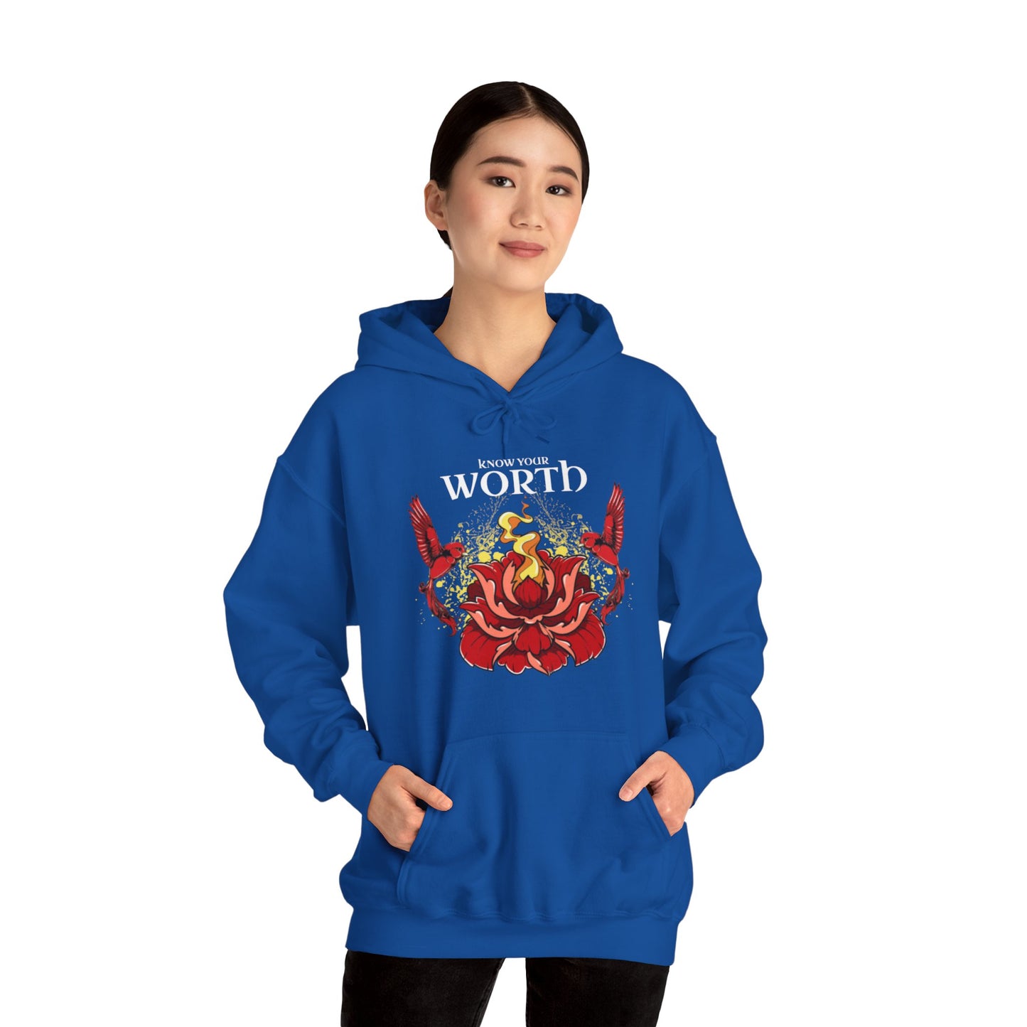 Know Your Worth Lotus Flower Birds Graphic Hoodie Sweatshirt in Blue from Topaz Peaks