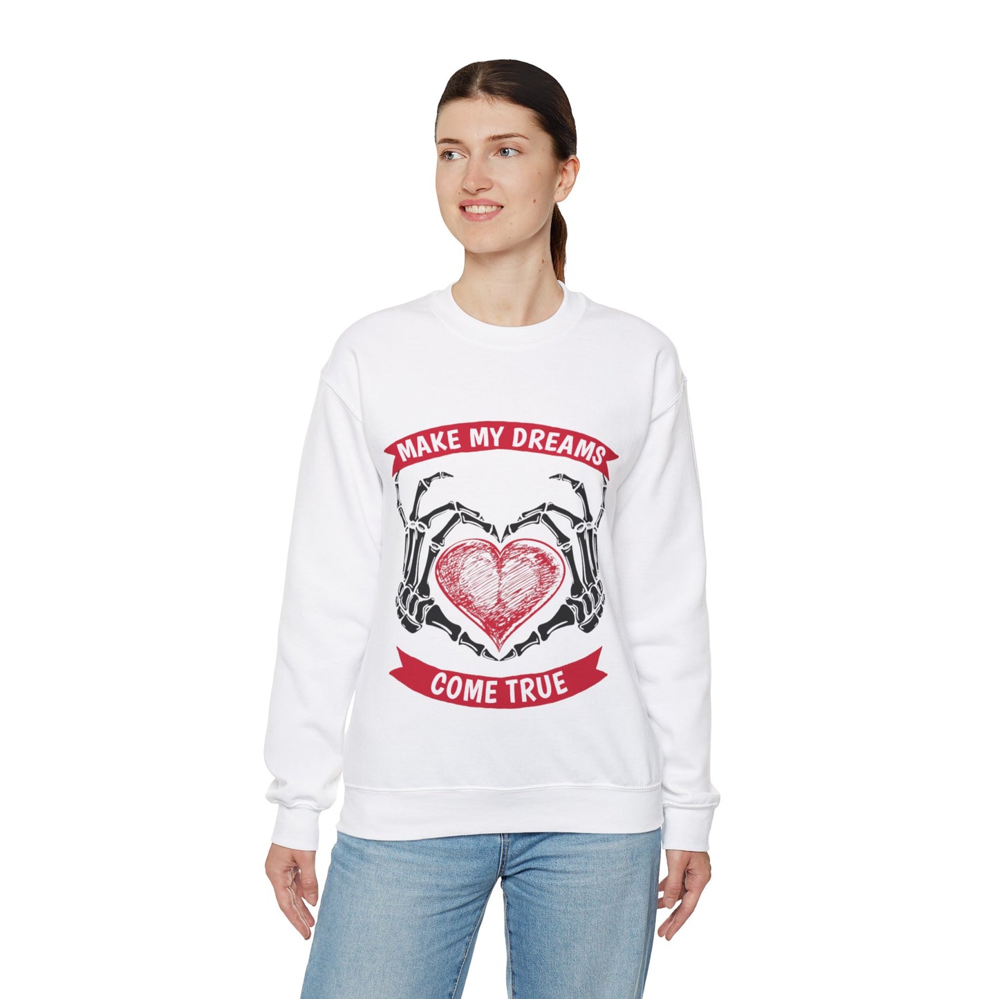 Make My Dreams Come True Skeleton Hands & Heart Graphic Sweatshirt in White from Topaz Peaks