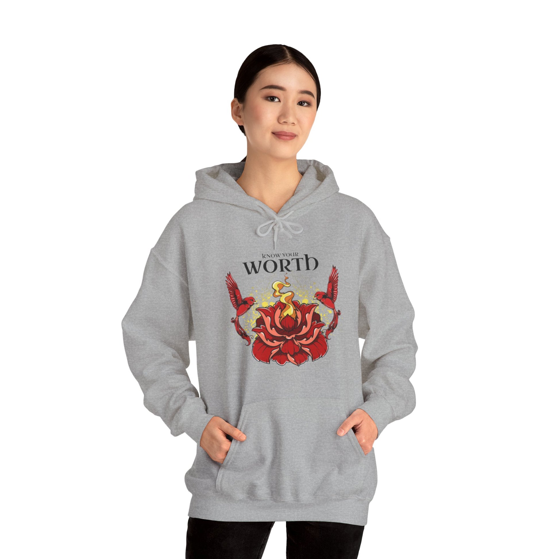 Know Your Worth Lotus Flower Birds Graphic Hoodie Sweatshirt in Gray from Topaz Peaks