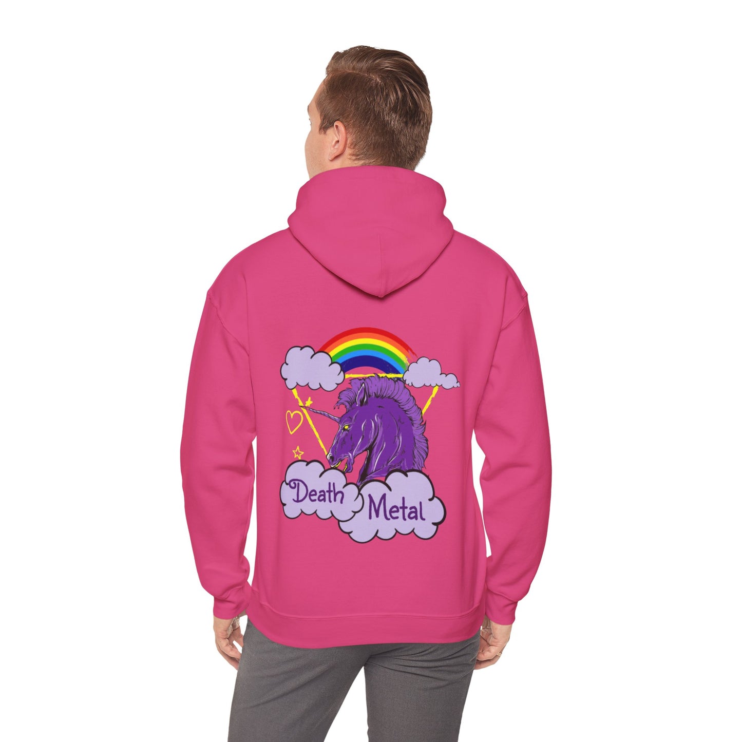 Death Metal Unicorn and Rainbow Graphic Hoodie Sweatshirt in Pink from Topaz Peaks