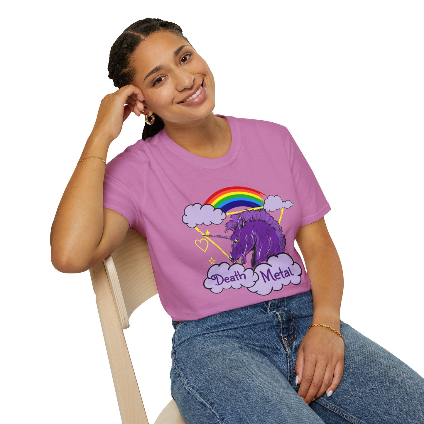 Death Metal Unicorn and Rainbow Graphic T-shirt in Pink from Topaz Peaks