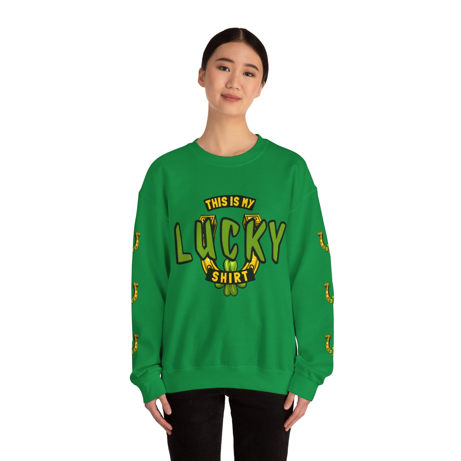 This is My Lucky Shirt with Horseshoe and Shamrock Graphic Sweatshirt in Green with printed sleeves.