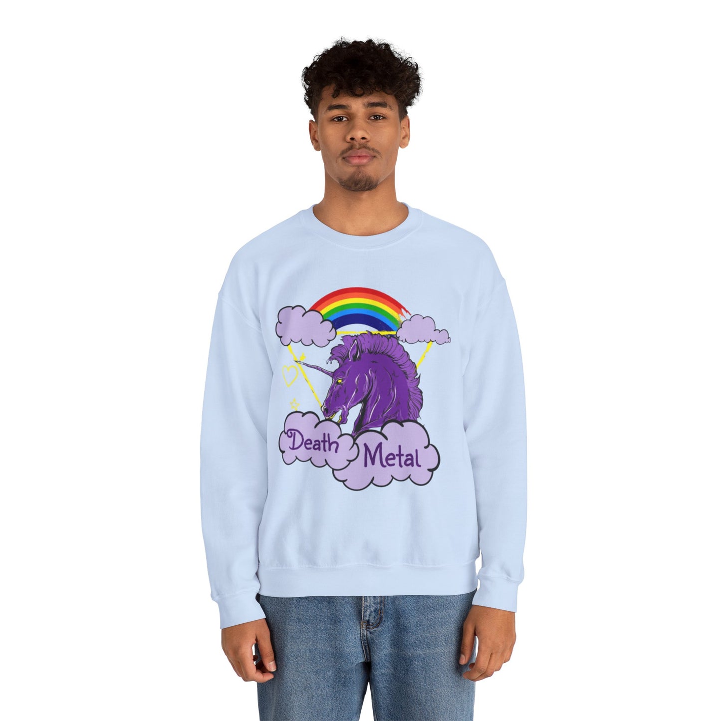 Death Metal Unicorn and Rainbow Graphic Crewneck Sweatshirt in Blue from Topaz Peaks