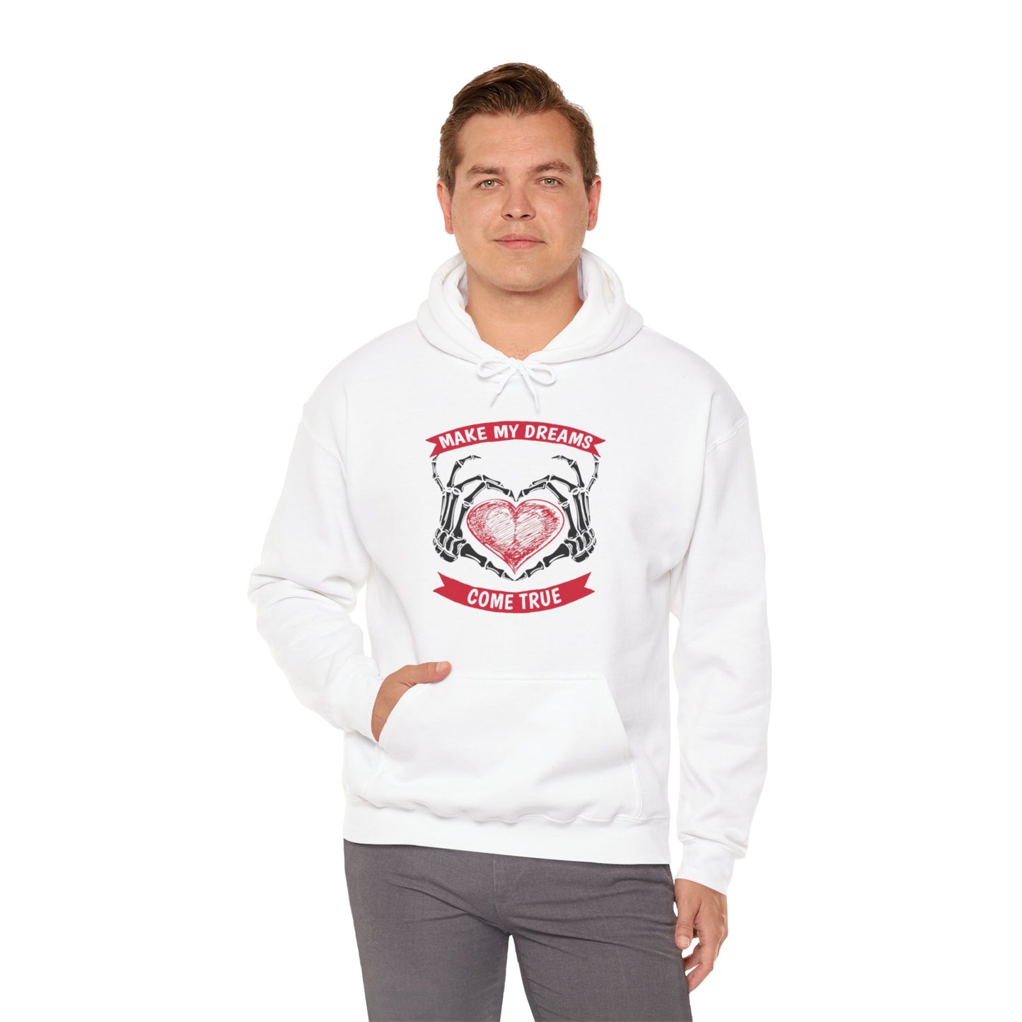 Make My Dreams Come True Skeleton Hands & Heart Graphic Hoodie Sweatshirt in White from Topaz Peaks