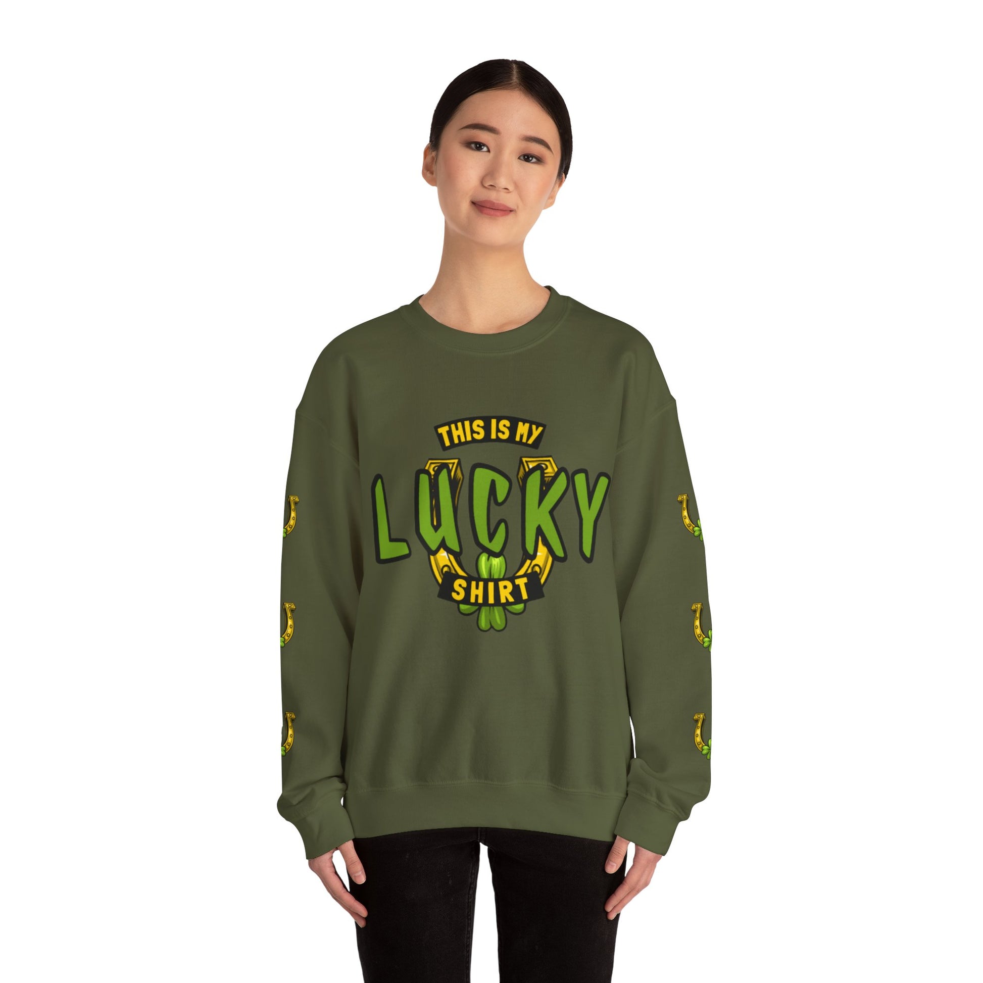 This is My Lucky Shirt with Horseshoe and Shamrock Graphic Sweatshirt in Olive Green with printed sleeves.