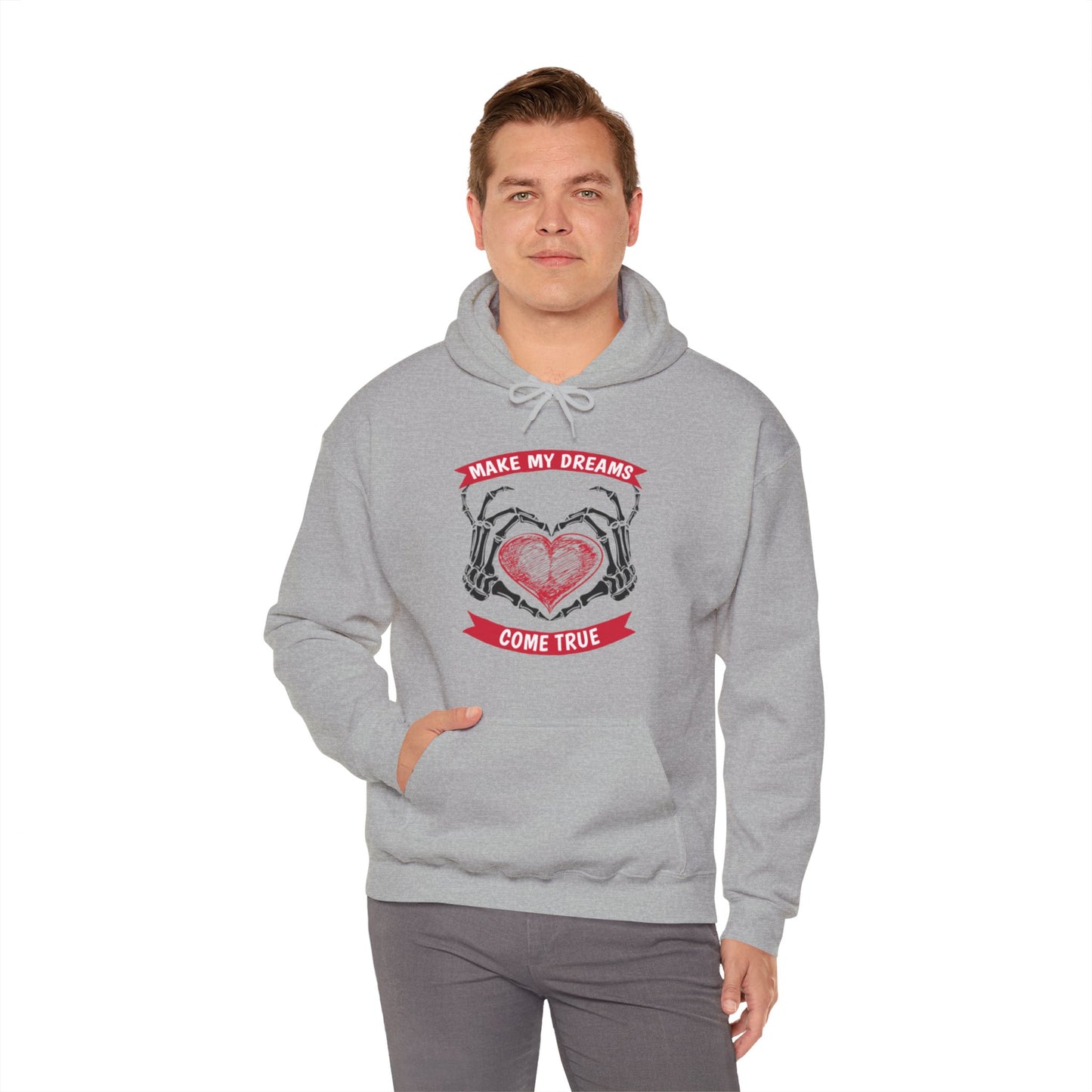 Make My Dreams Come True Skeleton Hands & Heart Graphic Hoodie Sweatshirt in Gray from Topaz Peaks