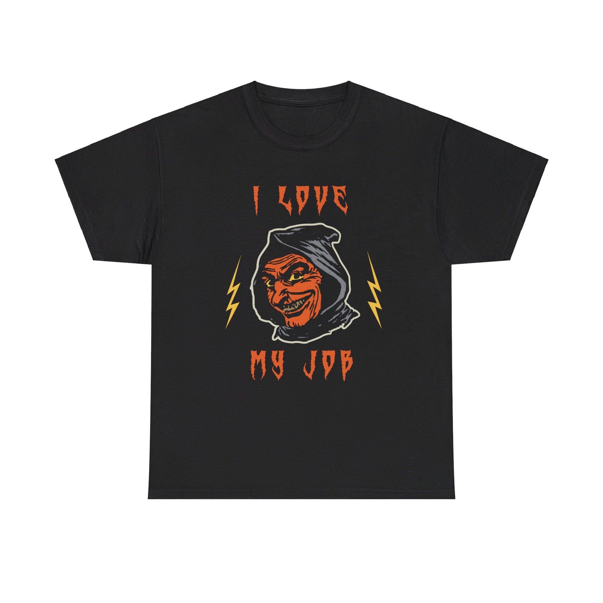 I Love My Job Devil Demon Halloween Cotton Crewneck Graphic T-shirt in Black from Topaz Peaks.