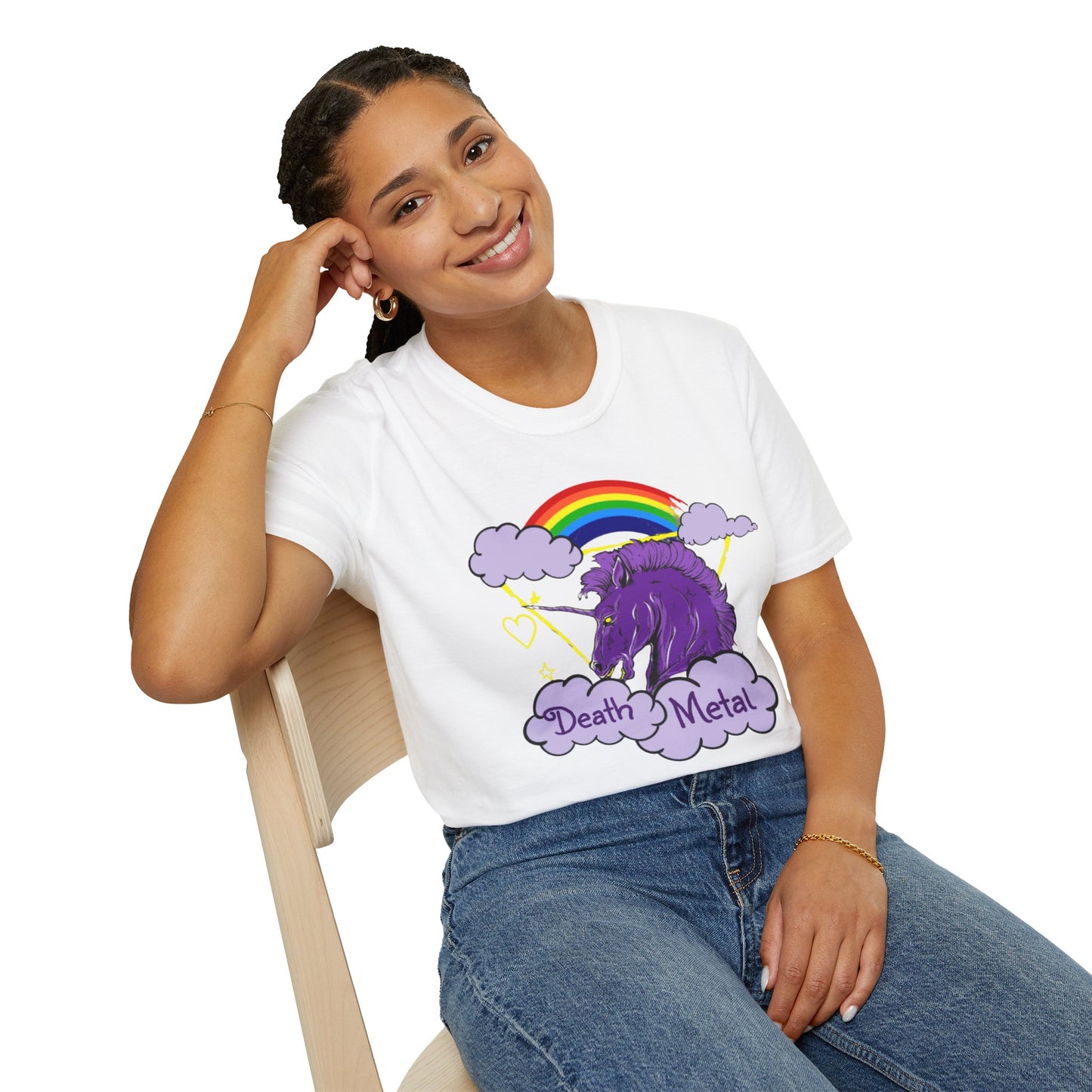 Death Metal Unicorn and Rainbow Graphic T-shirt in White from Topaz Peaks