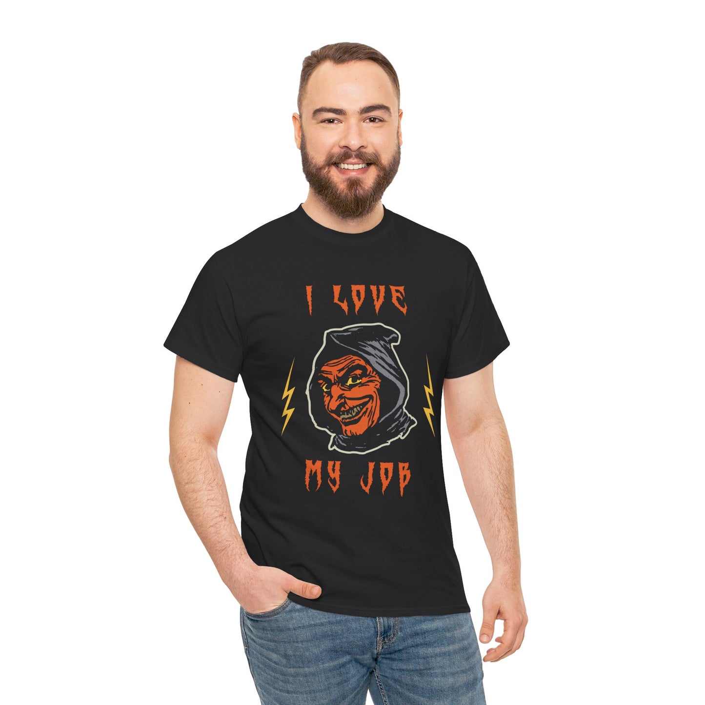 I Love My Job Devil Demon Halloween Cotton Crewneck Graphic T-shirt in Black from Topaz Peaks.