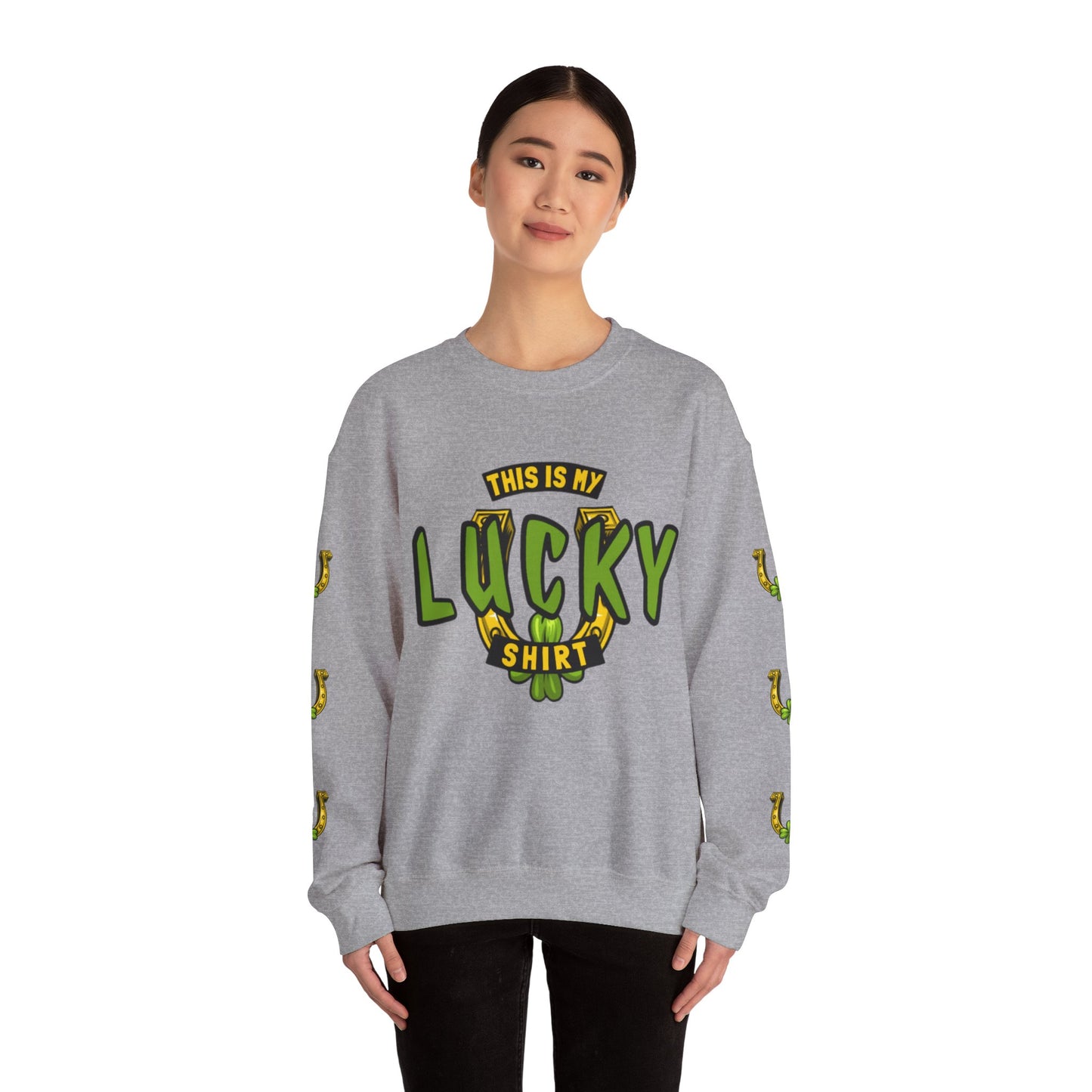 This is My Lucky Shirt with Horseshoe and Shamrock Graphic Sweatshirt in Gray with printed sleeves.