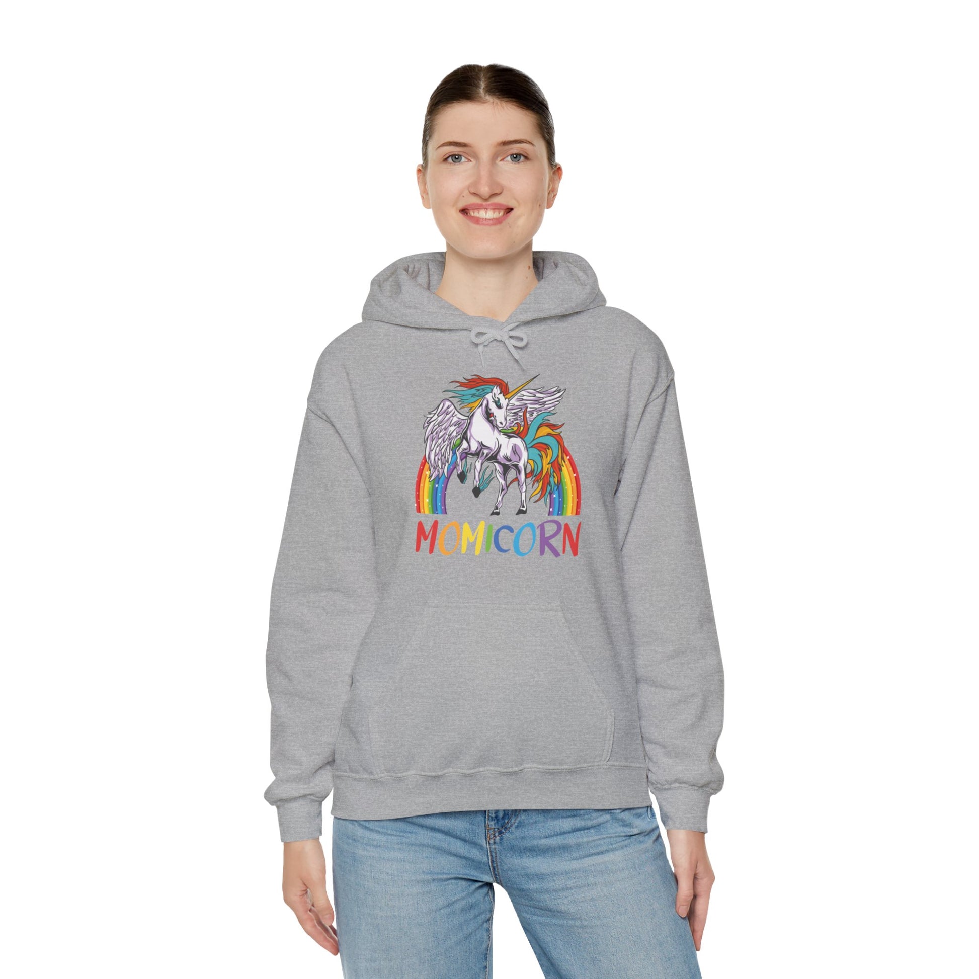 Momicorn Mama Unicorn Rainbow Graphic Hoodie Sweatshirt in Gray from Topaz Peaks