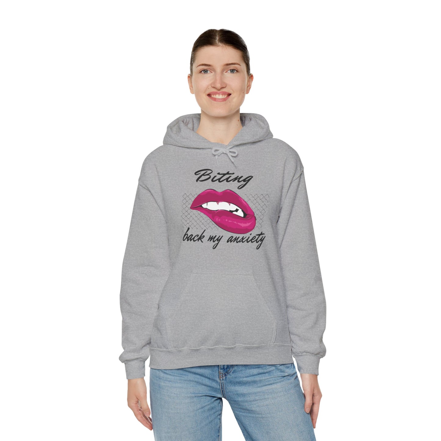 Biting Lips Graphic Hoodie Sweatshirt in Gray from Topaz Peaks