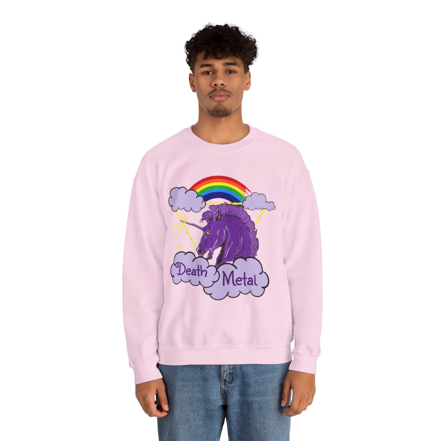 Death Metal Unicorn and Rainbow Graphic Crewneck Sweatshirt in Pink from Topaz Peaks