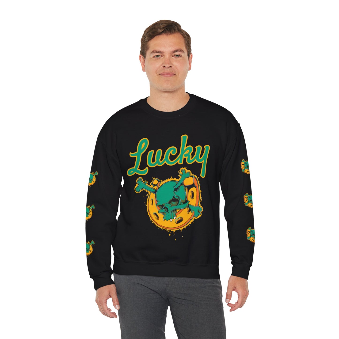 Lucky Horseshoe Skull and Crossbones Crewneck Sweatshirt with print on both sleeves in Black from Topaz Peaks