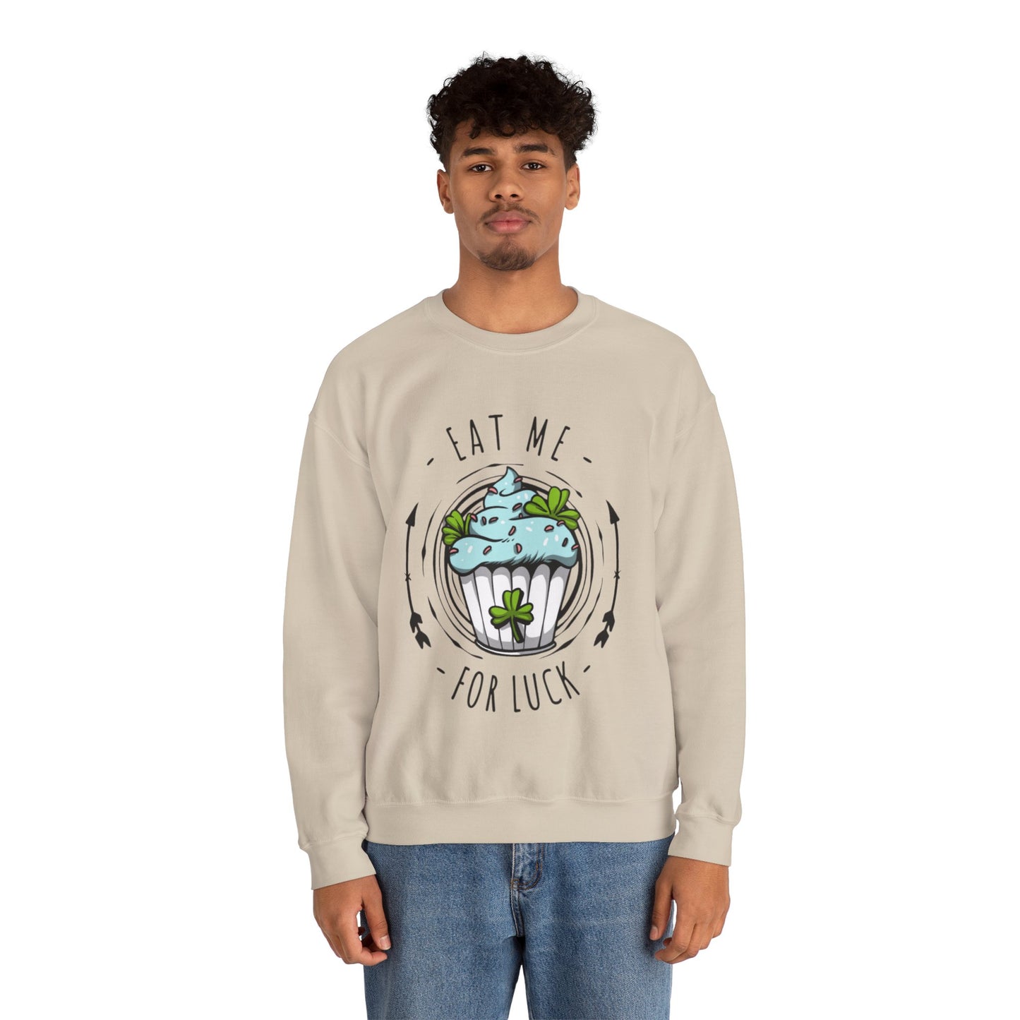 Eat Me For Luck Cupcake Graphic Crewneck Sweatshirt in Tan from Topaz Peaks