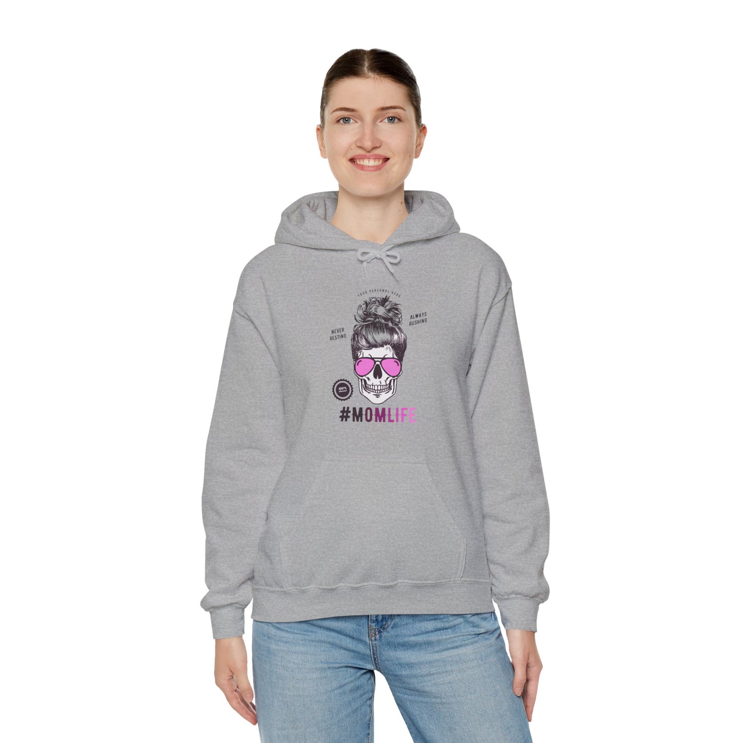 #MomLife Skull and Sunglasses Graphic Hoodie Sweatshirt in Gray from Topaz Peaks