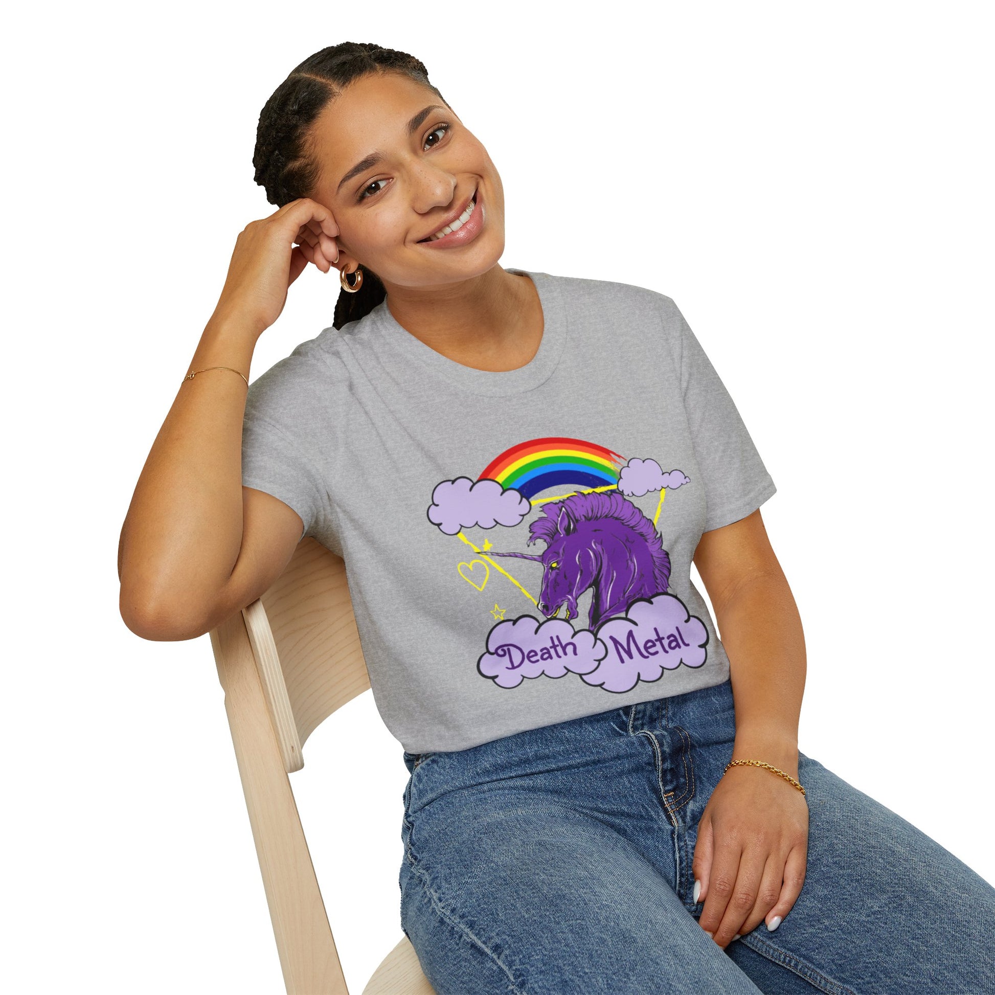 Death Metal Unicorn and Rainbow Graphic T-shirt in Gray from Topaz Peaks