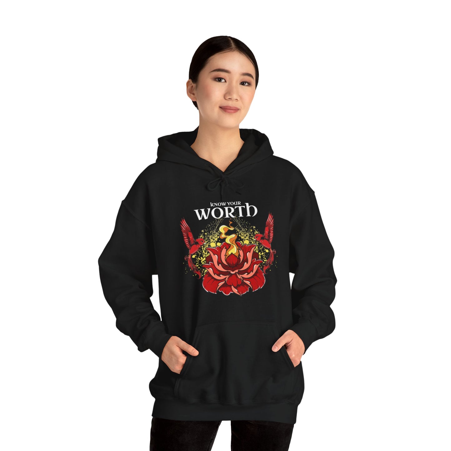 Know Your Worth Lotus Flower Birds Graphic Hoodie Sweatshirt in Black from Topaz Peaks