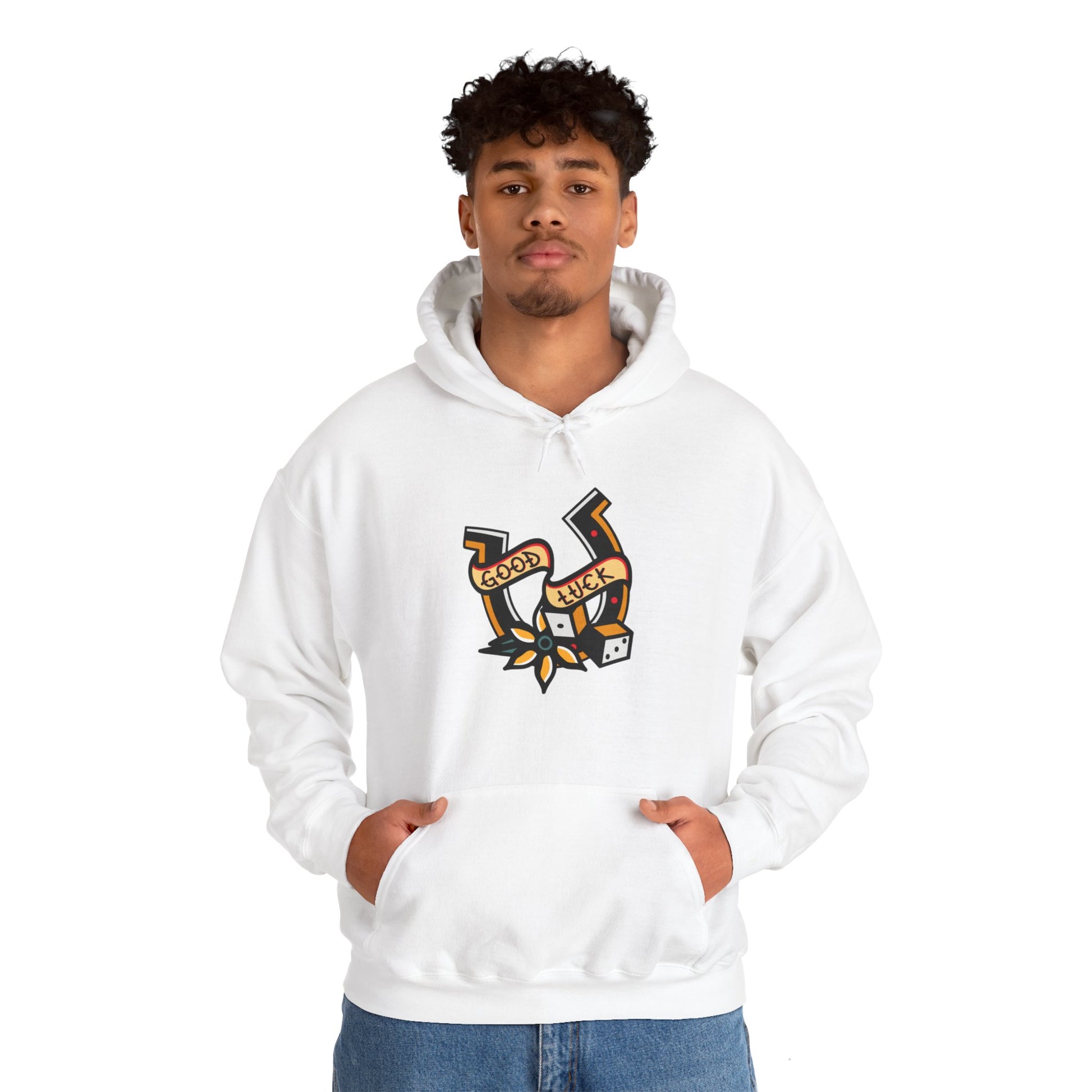 Good Luck Tattoo Art Graphic Print Hoodie Sweatshirt in White from Topaz Peaks