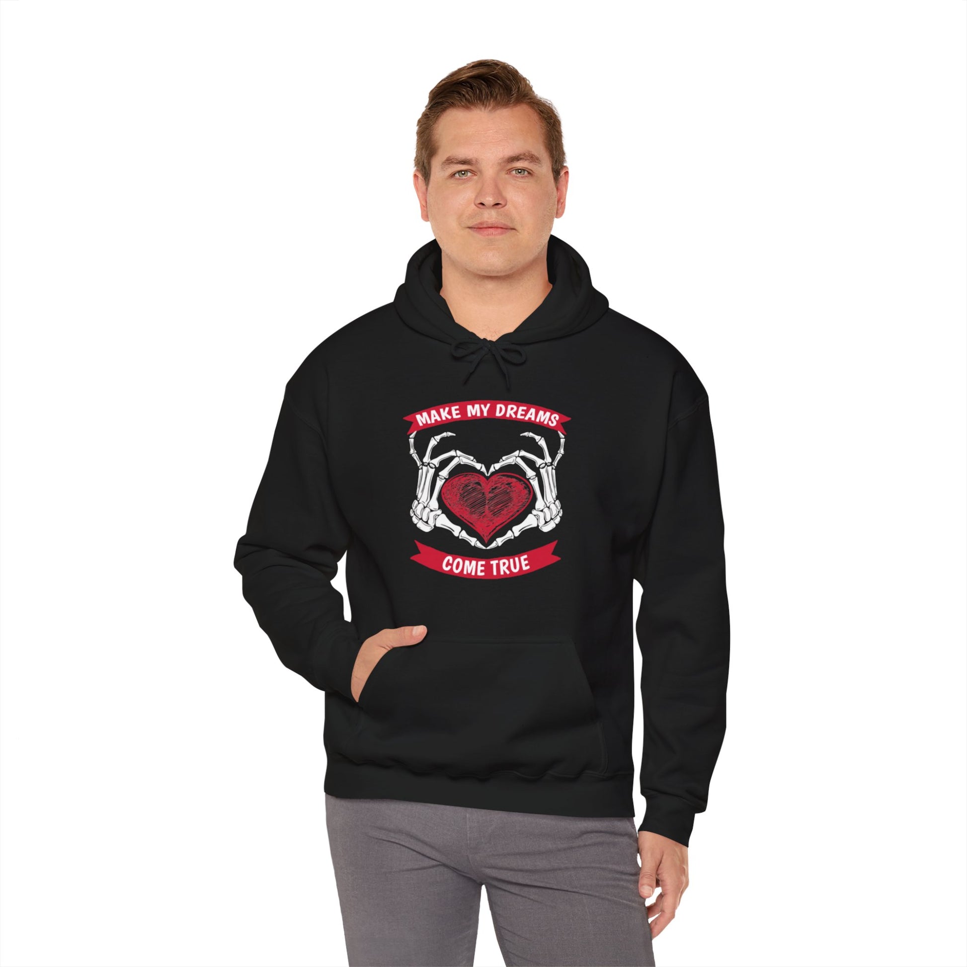 Make My Dreams Come True Skeleton Hands & Heart Graphic Hoodie Sweatshirt in Black from Topaz Peaks