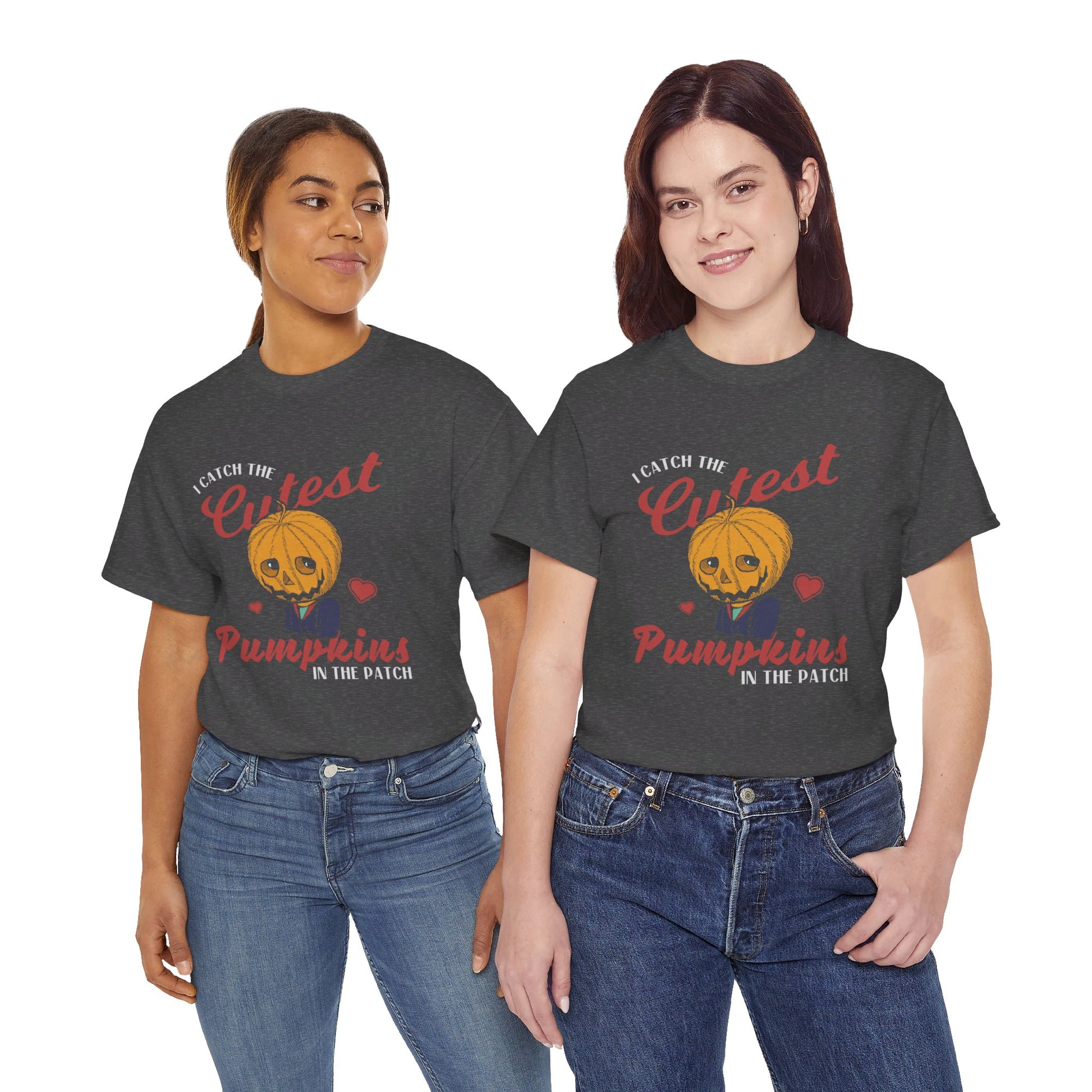 I Catch the Cutest Pumpkins in the Patch Halloween Vibes Cotton Crewneck T-shirt in Gray from Topaz Peaks.