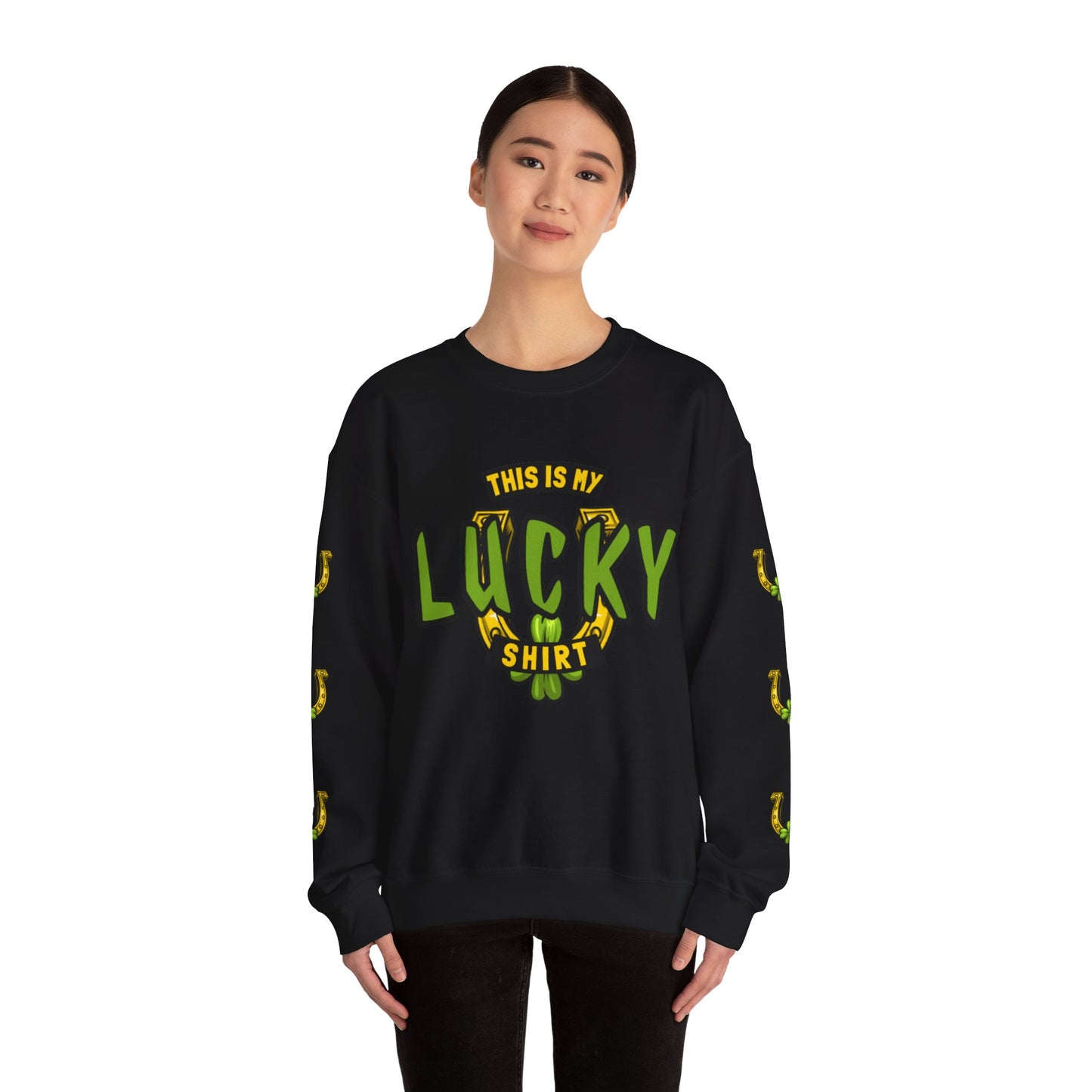 This is My Lucky Shirt with Horseshoe and Shamrock Graphic Sweatshirt in Black with printed sleeves.