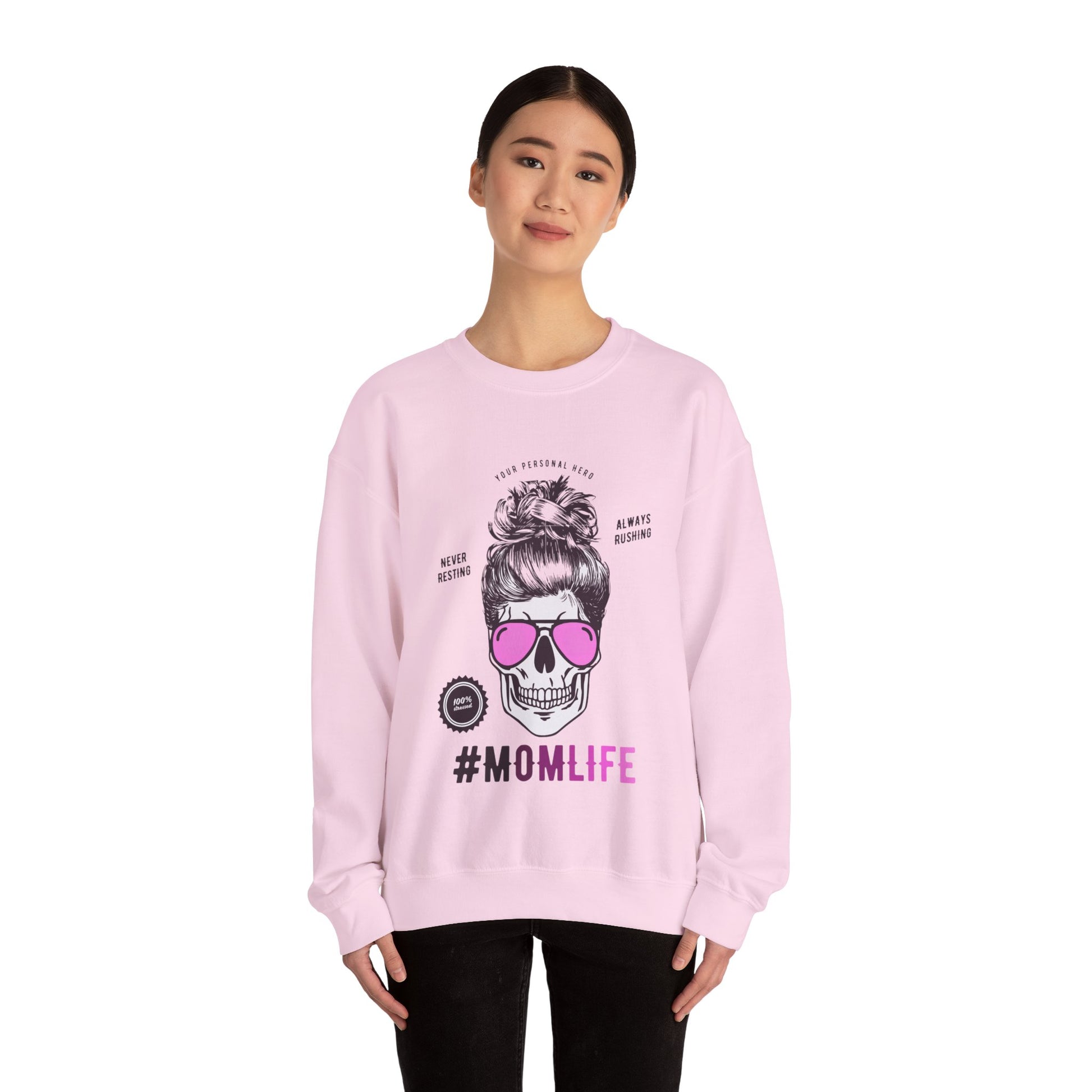 #MomLife Skull and Sunglasses Graphic Sweatshirt in Pink from Topaz Peaks