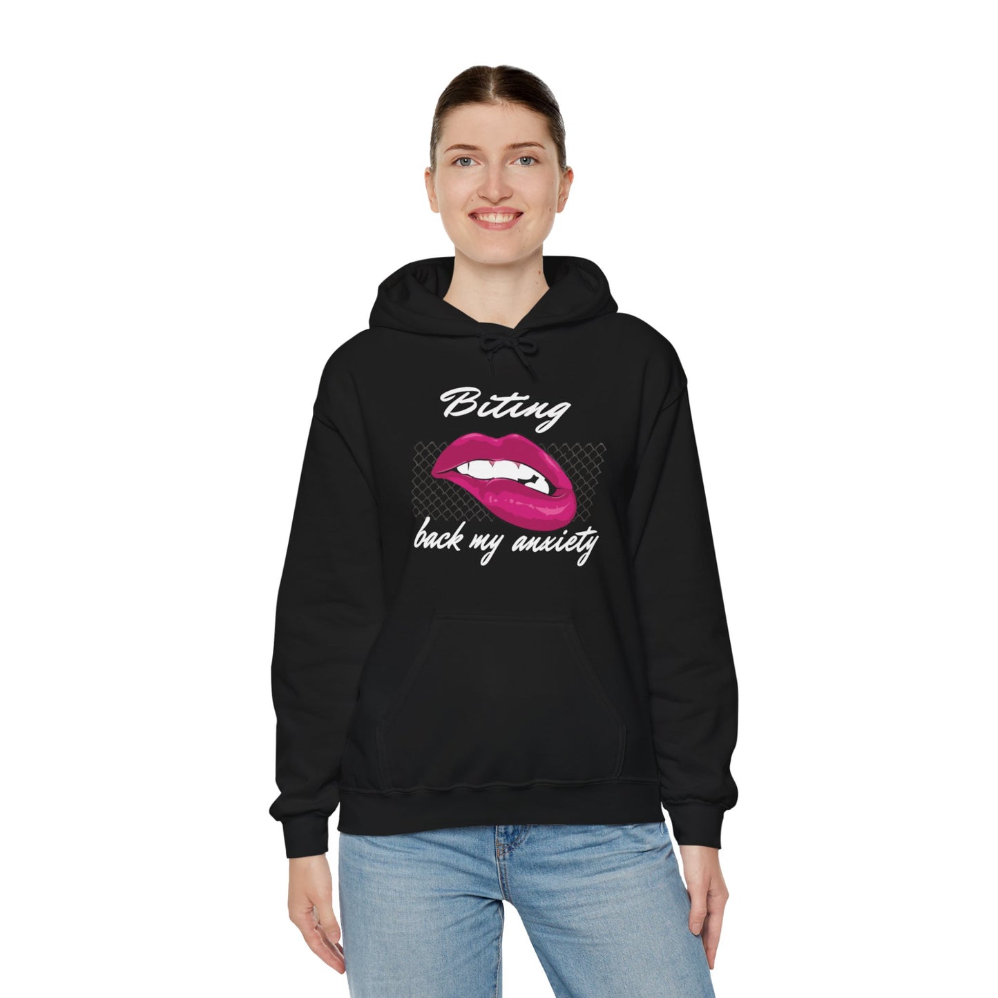 Biting Lips Graphic Hoodie Sweatshirt in Black from Topaz Peaks