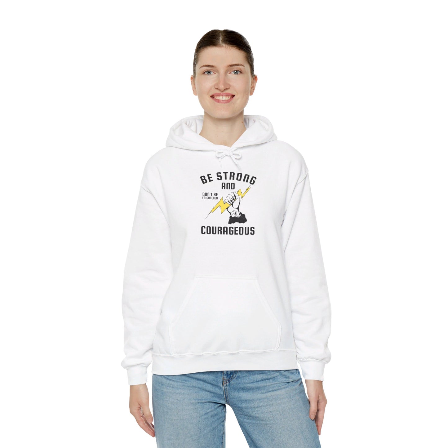 Be Strong and Courageous Unisex Graphic Hoodie Sweatshirt with Fist holding Thunderbolt in White from Topaz Peaks.