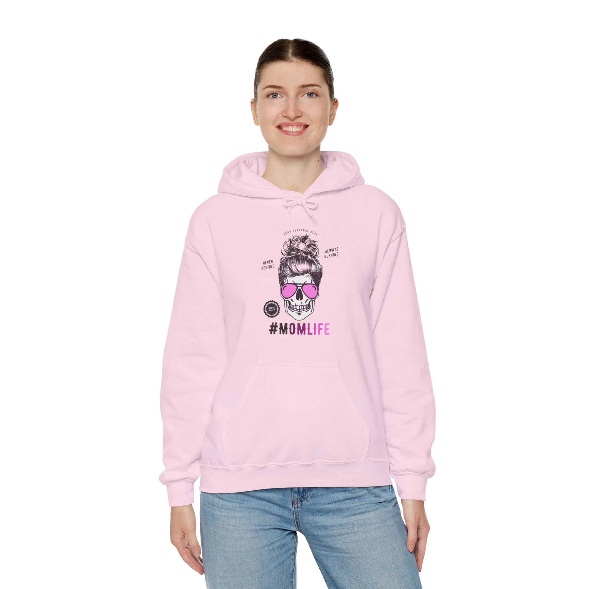 #MomLife Skull and Sunglasses Graphic Hoodie Sweatshirt in Pink from Topaz Peaks